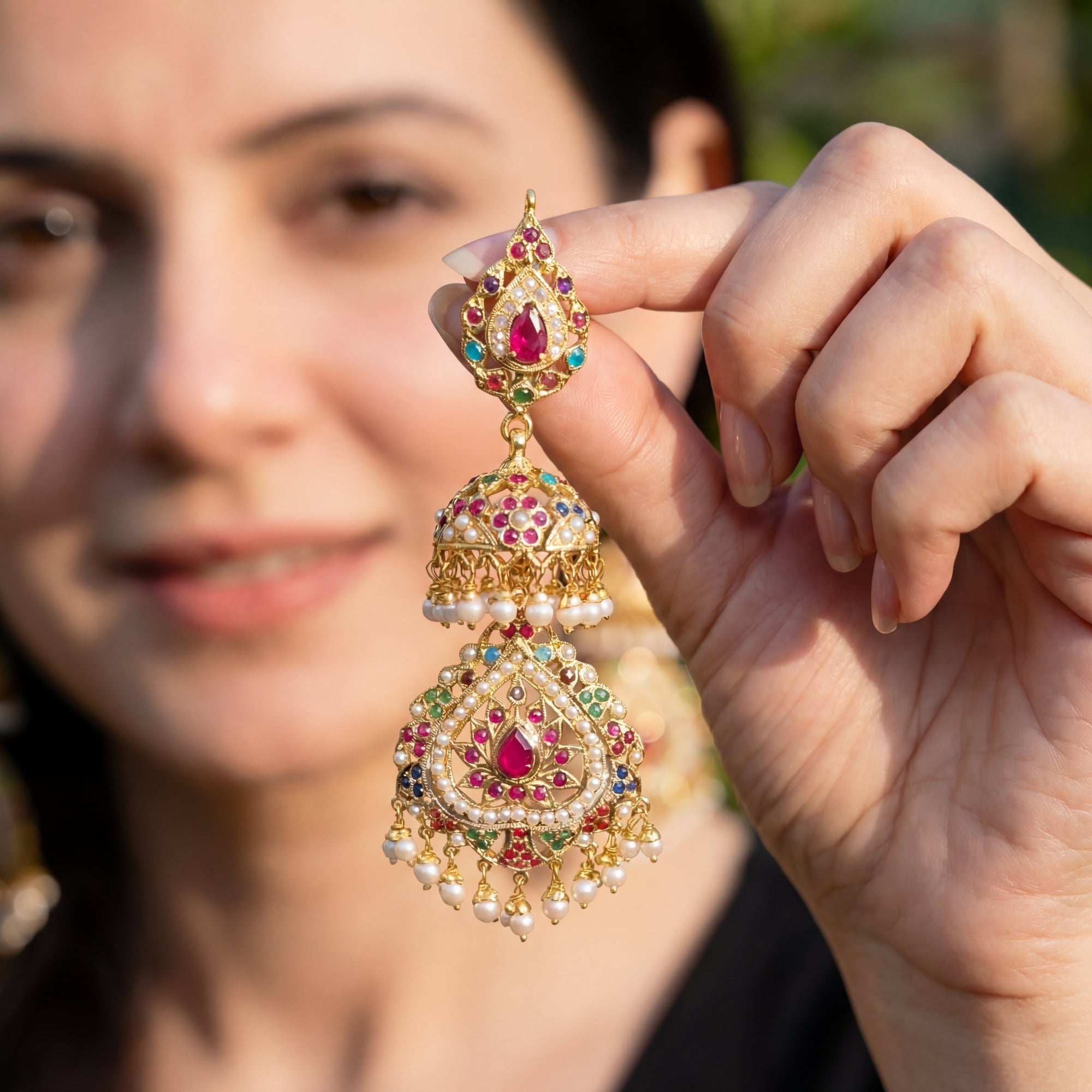 Long Navaratna Jadau Jhumka | Exquisite Indian Silver Earrings ER 031