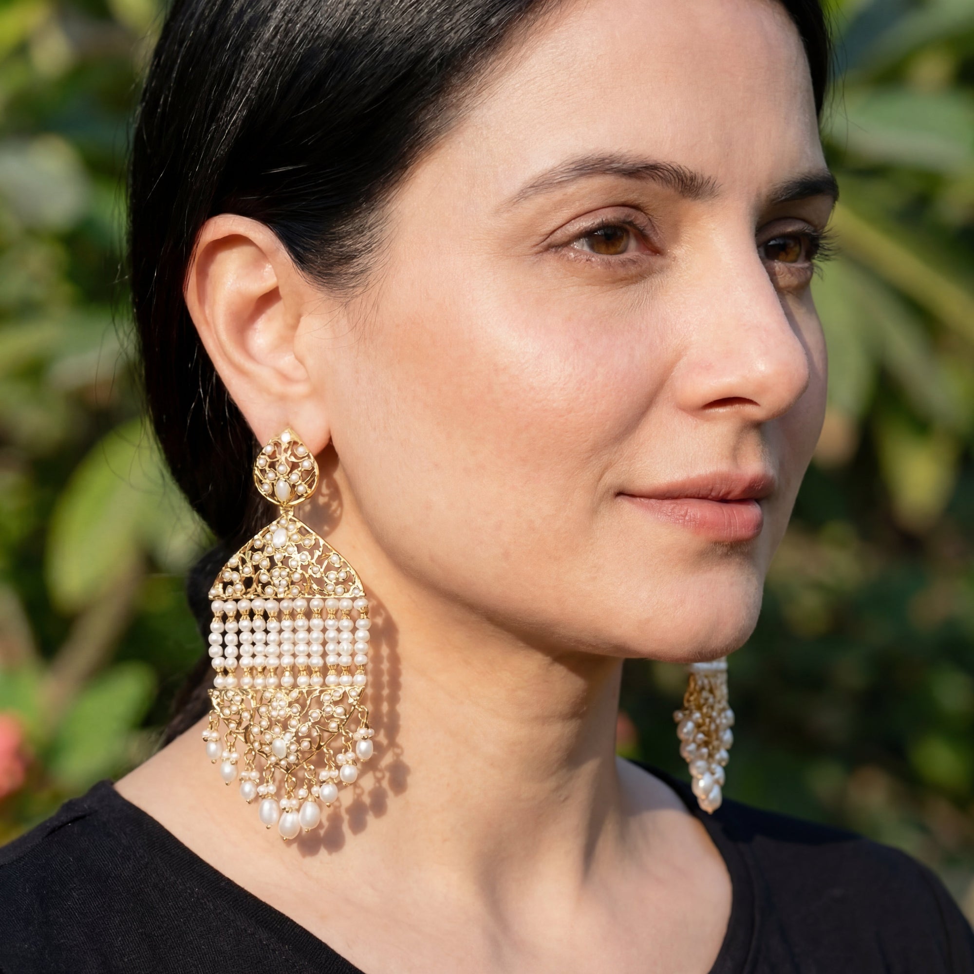 Gold Plated Jhoomer Earrings in Silver Adorned with Freshwater Pearls  ER 078