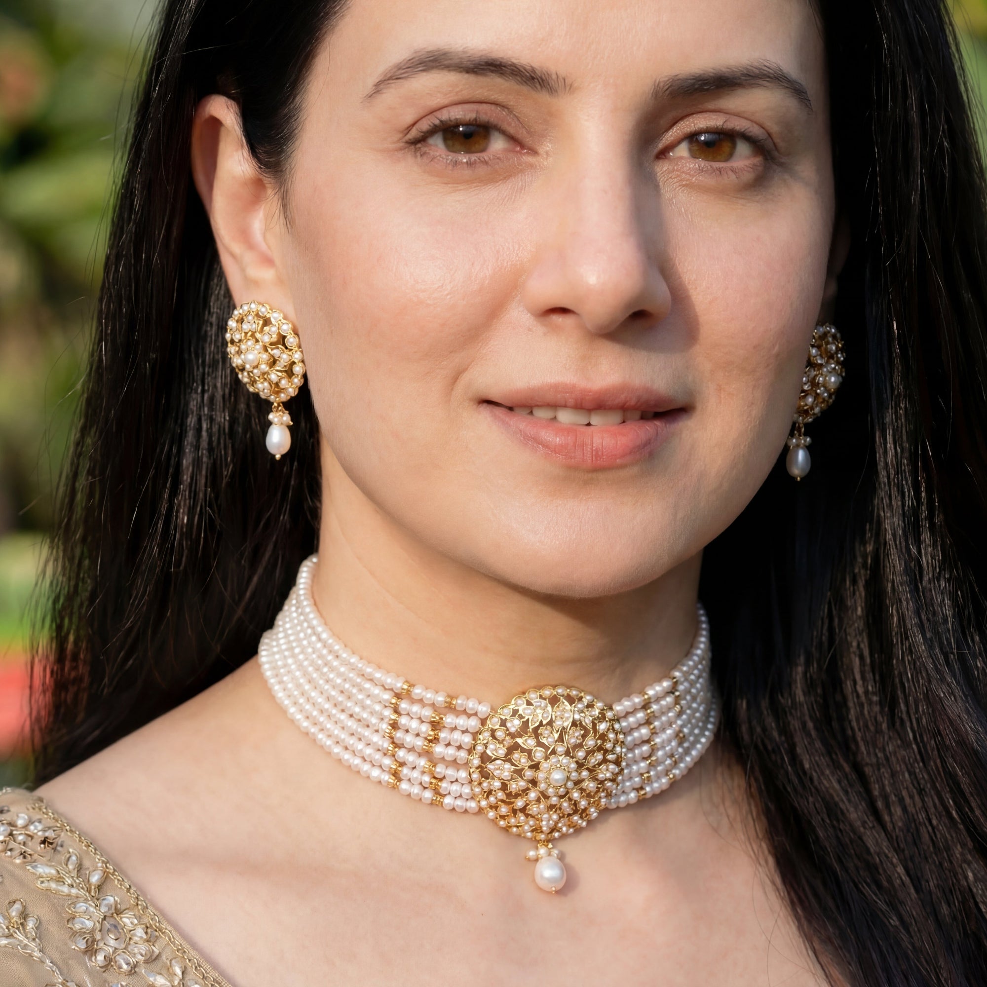 Pearl Jewellery Set | Indian Choker with Stud Earrings | Gold Plated on Silver Set for Gifting NS 036