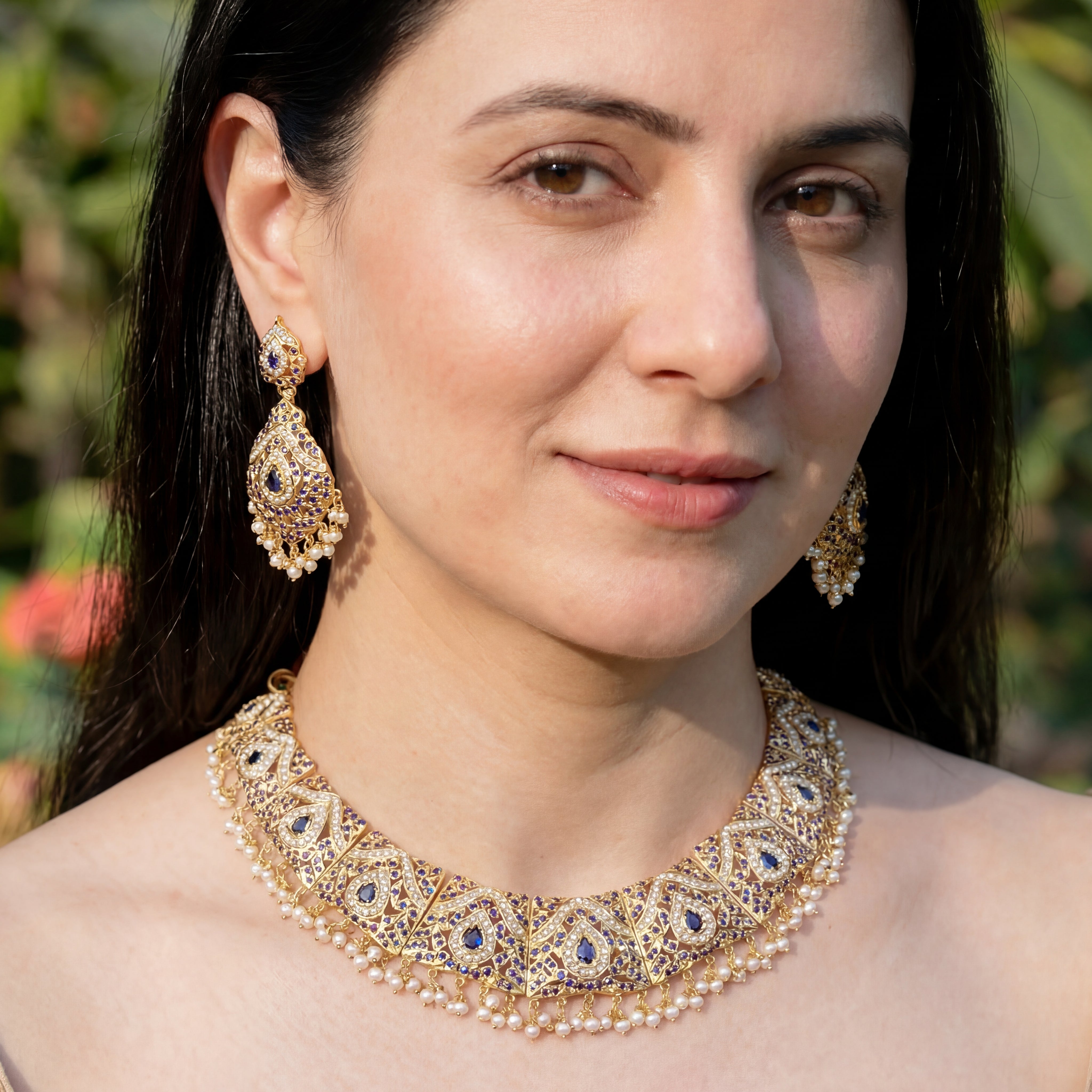 Punjabi Jadau Necklace Set on Silver | Freshwater Pearl Jewelry NS 149