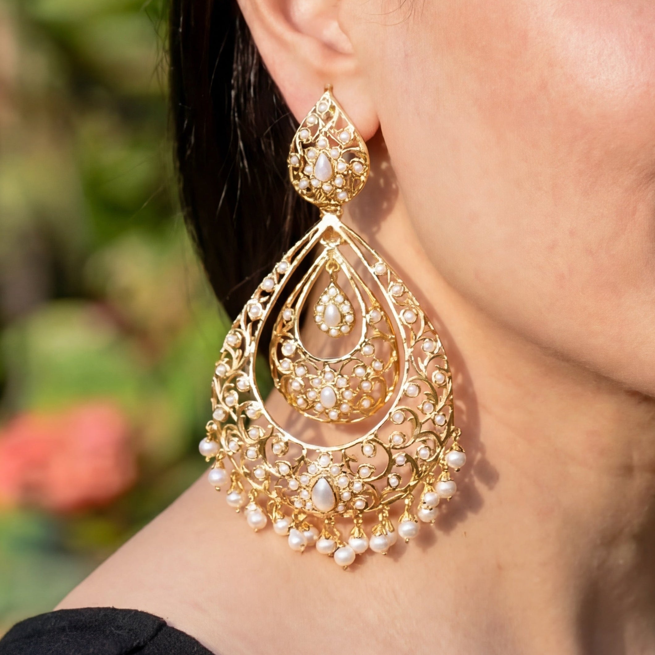 Long Oversized Pearl Chandbalis | Antique Design | Gold Plated on Sterling Silver ER 160