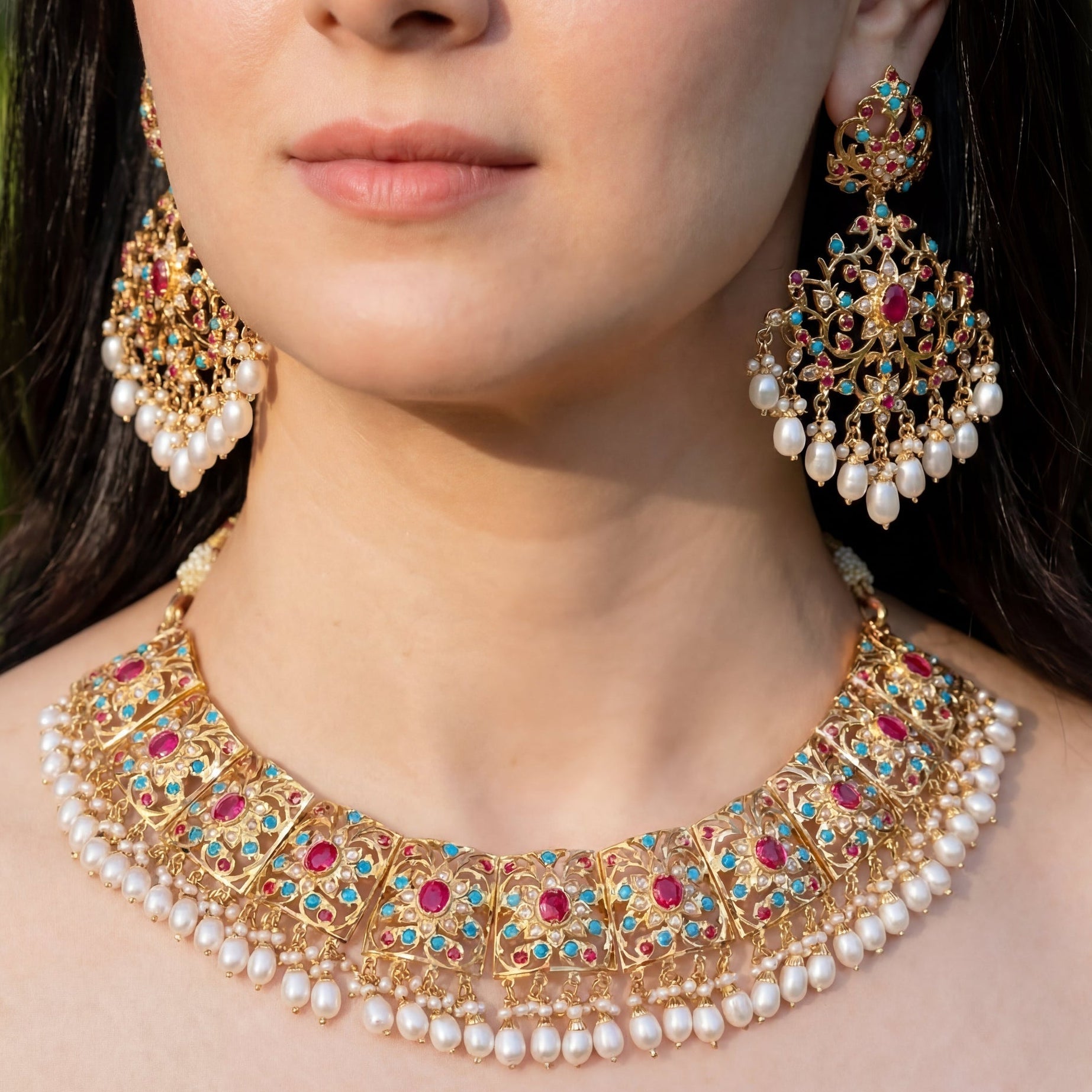 Multicoloured Jadau Set | 22k Gold Plated | Sterling Silver NS 263