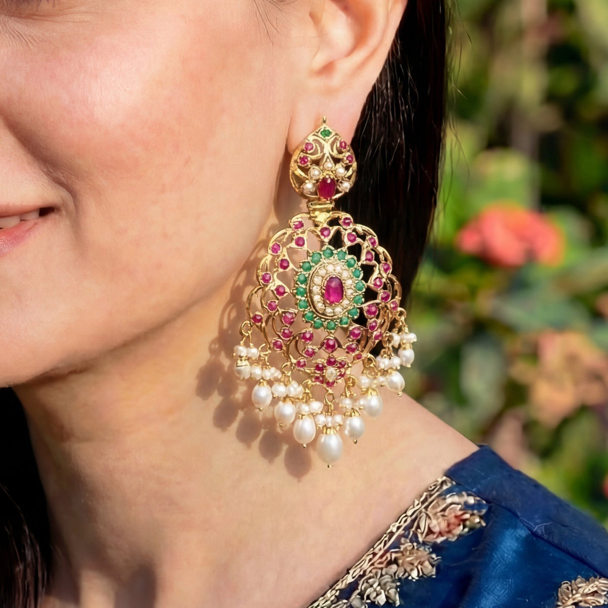 Gold Plated Multicolored Jadau Earrings in Silver ER 026