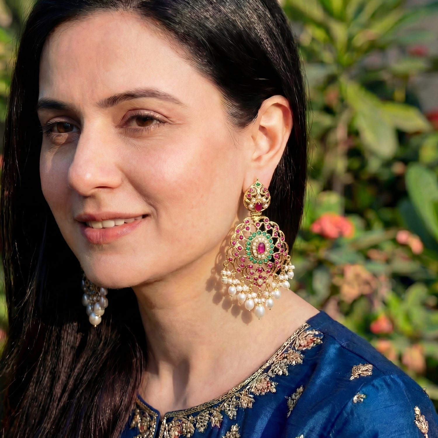 Gold Plated Multicolored Jadau Earrings in Silver ER 026