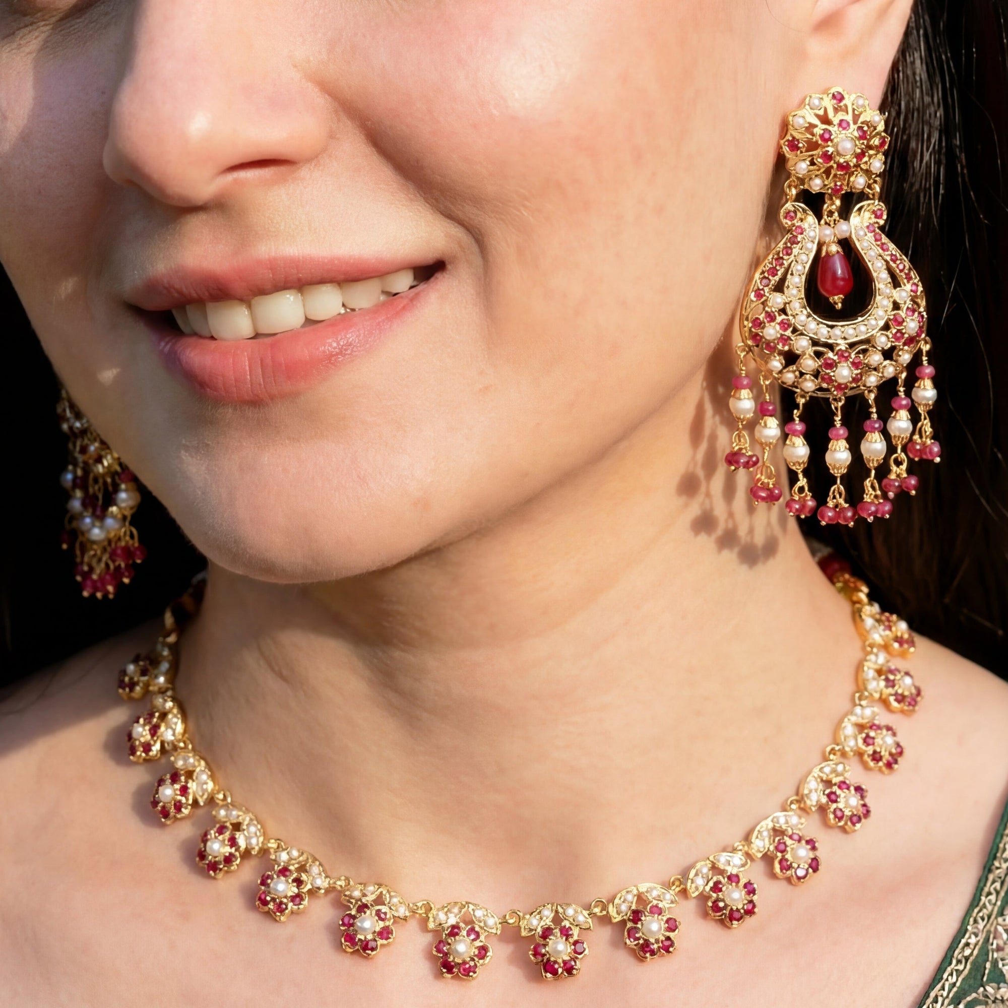 Delicate Ruby & Pearl Set | Chandbali Style Earrings | Gold Plated NS 308