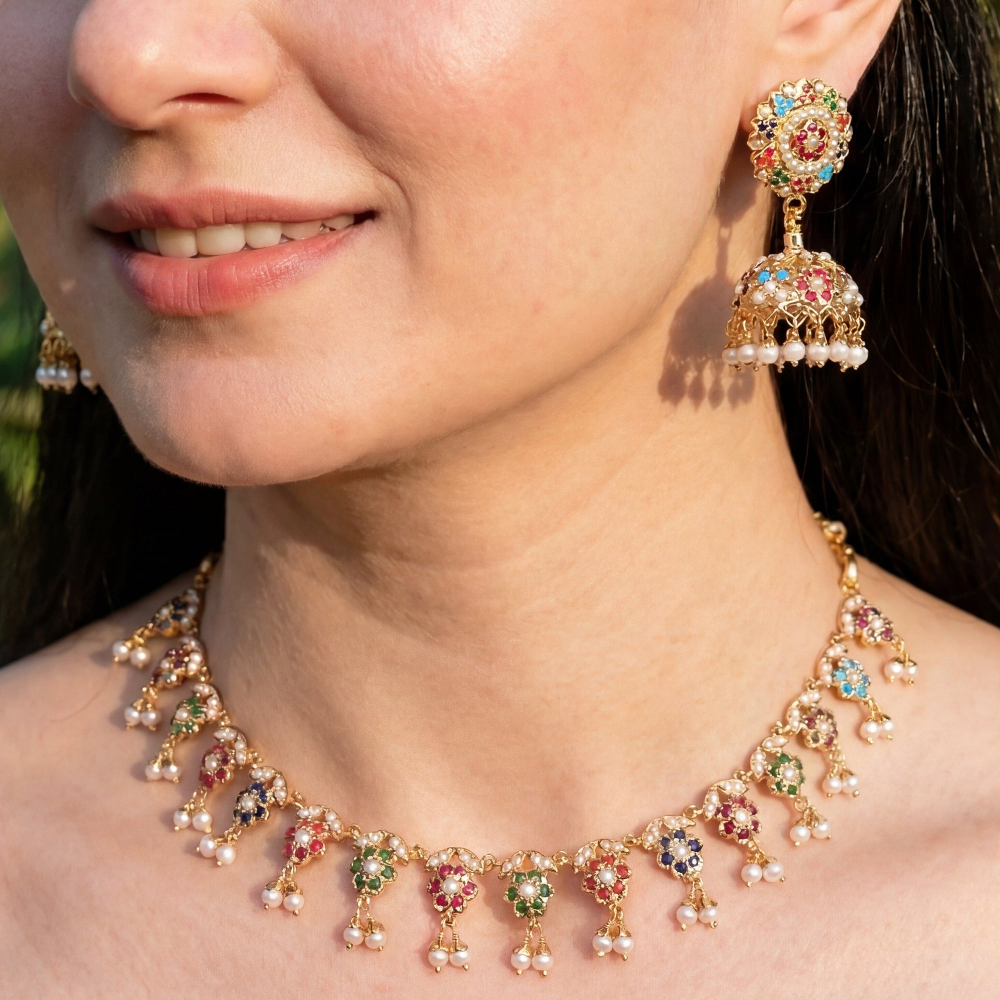 Delicate Navrattan Necklace with Jhumki | Gold Plated Navratna Necklace Set | NS 357