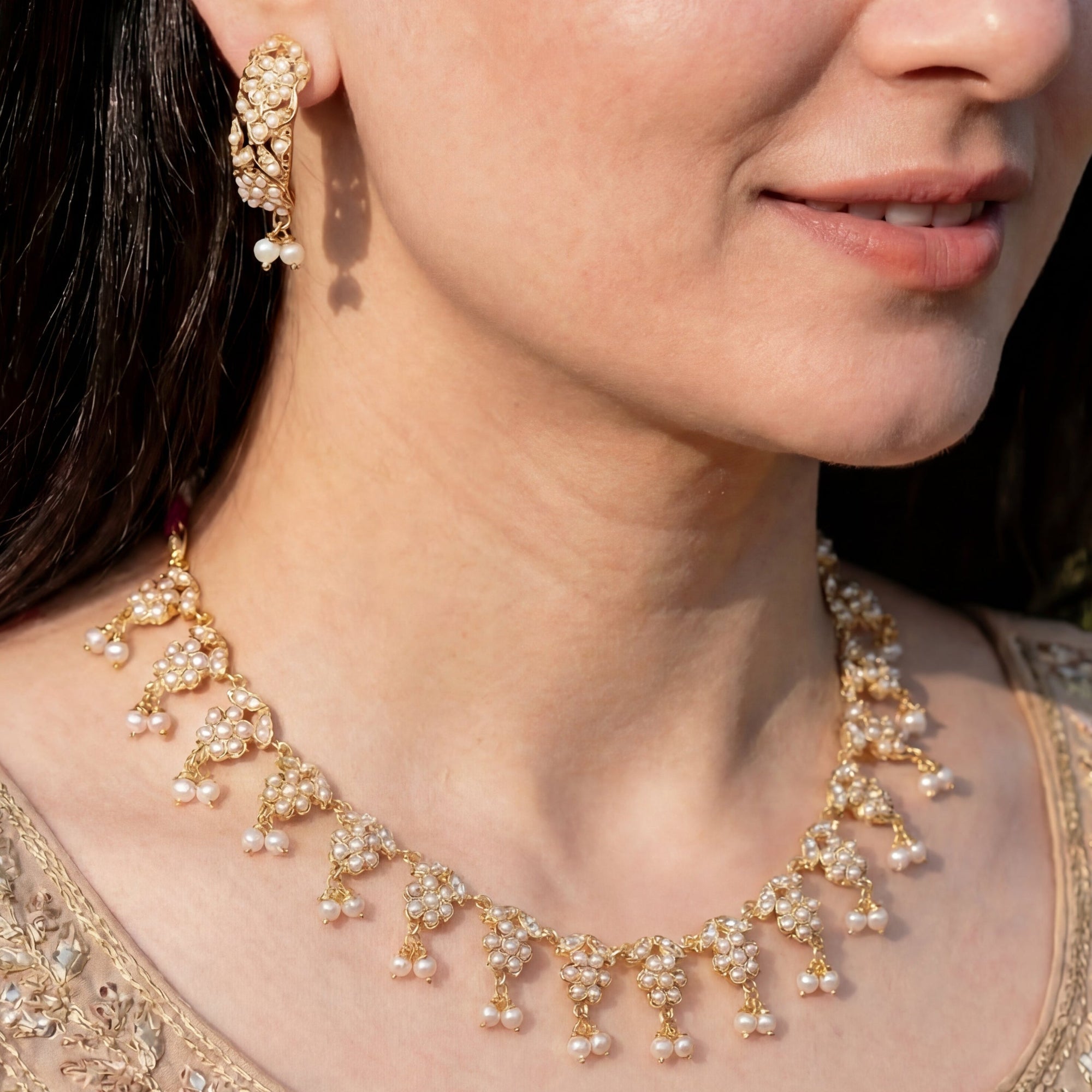 Delicate Indian Pearl Necklace Set | Gold Plated Jadau Jewelry Set on 925 Silver NS 327