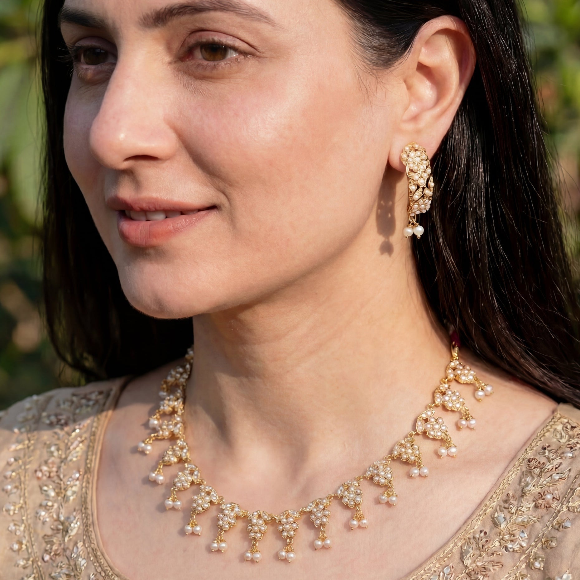 Delicate Indian Pearl Necklace Set | Gold Plated Jadau Jewelry Set on 925 Silver NS 327