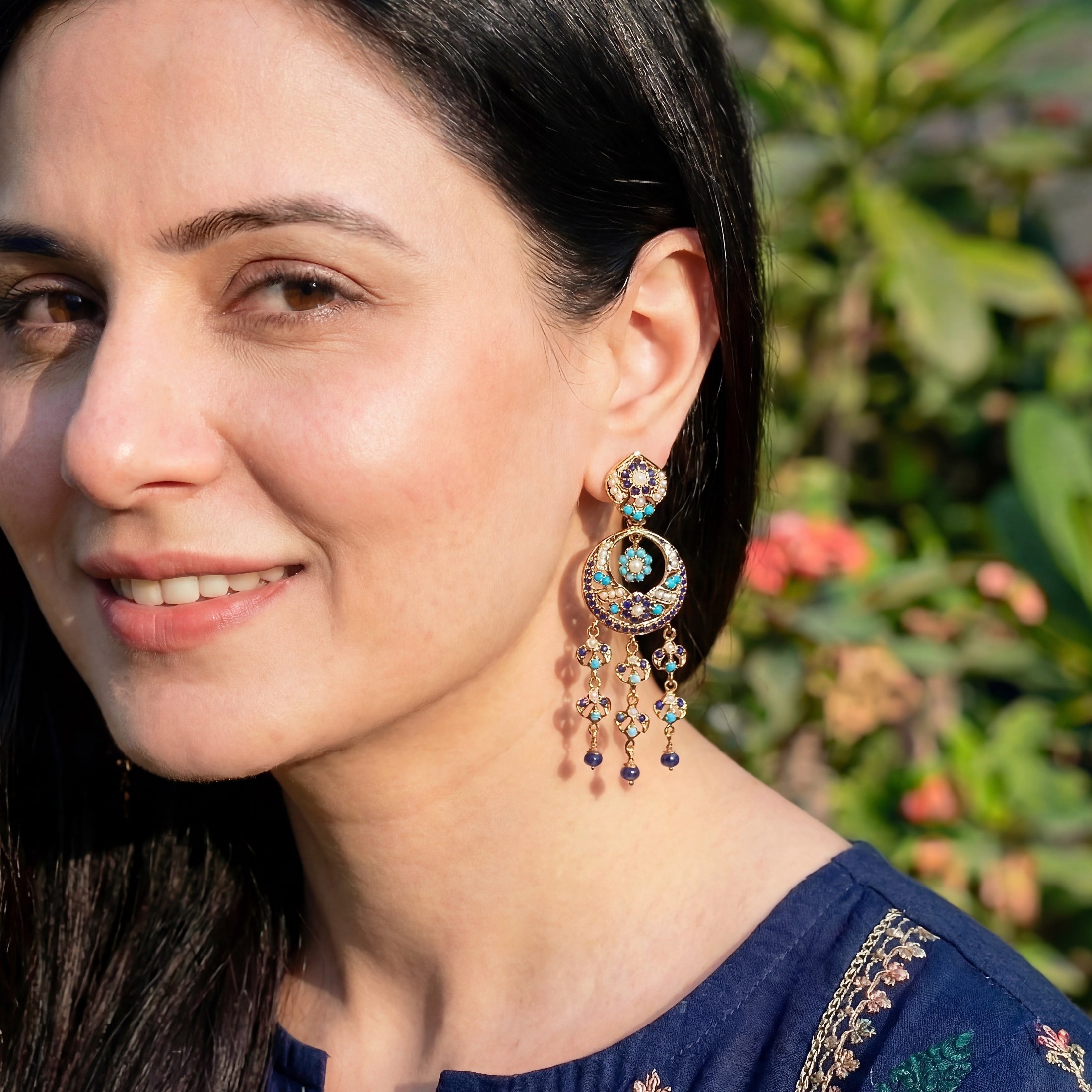 Blue Chandbali Earrings | Long Jadau Earrings on Silver Base with Gold Plating ER 631