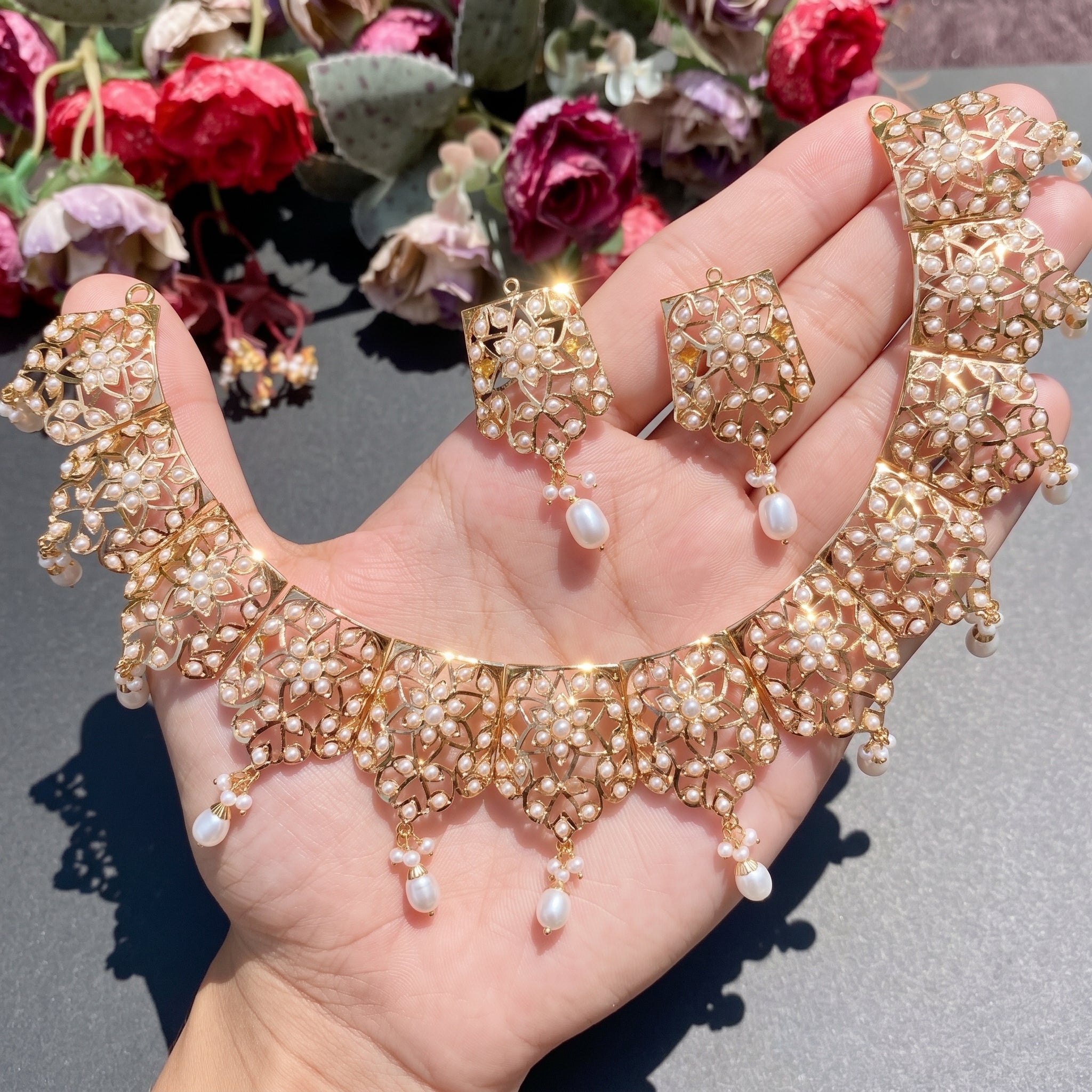 5 Tola Gold Set | Pearl Necklace Set | Real Gold & Pearls Jewelry | Rudradhan GNS 216