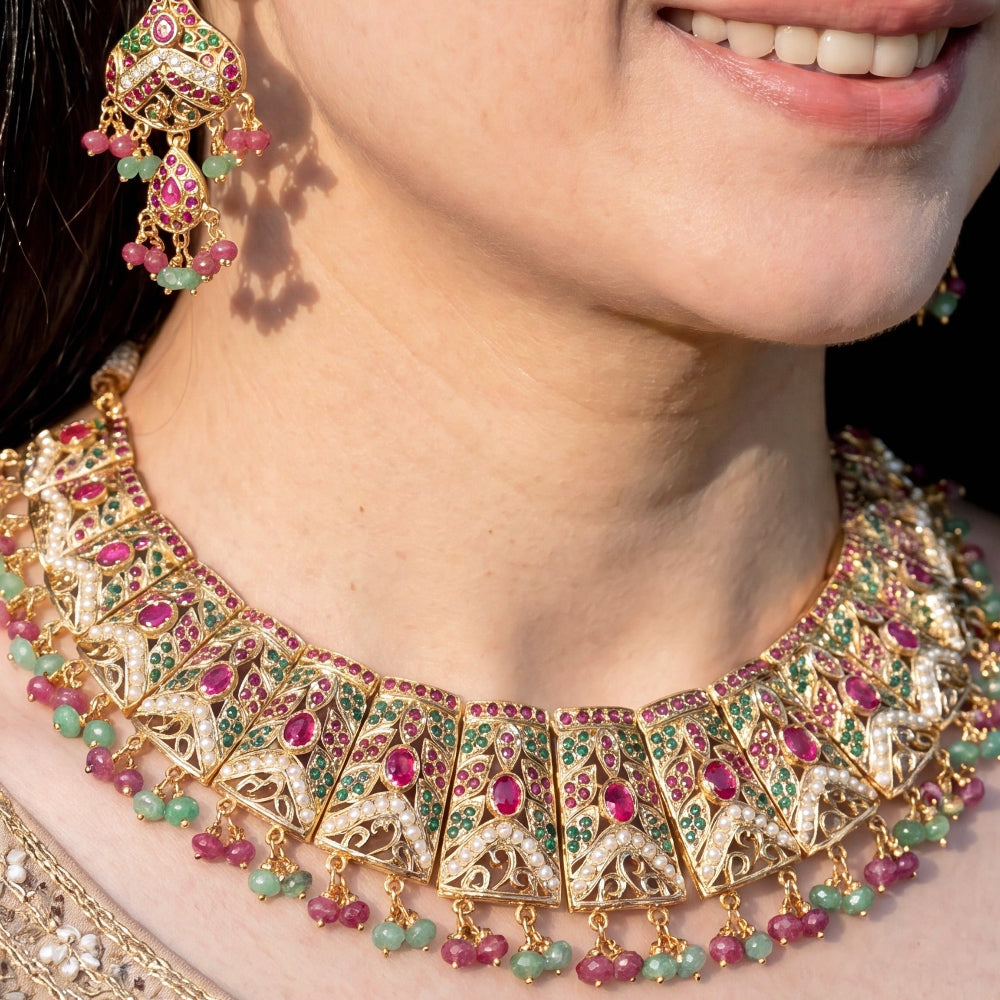 Gold Plated Jadau Guluband | Necklace Set on Silver with Gold Plating NS 054