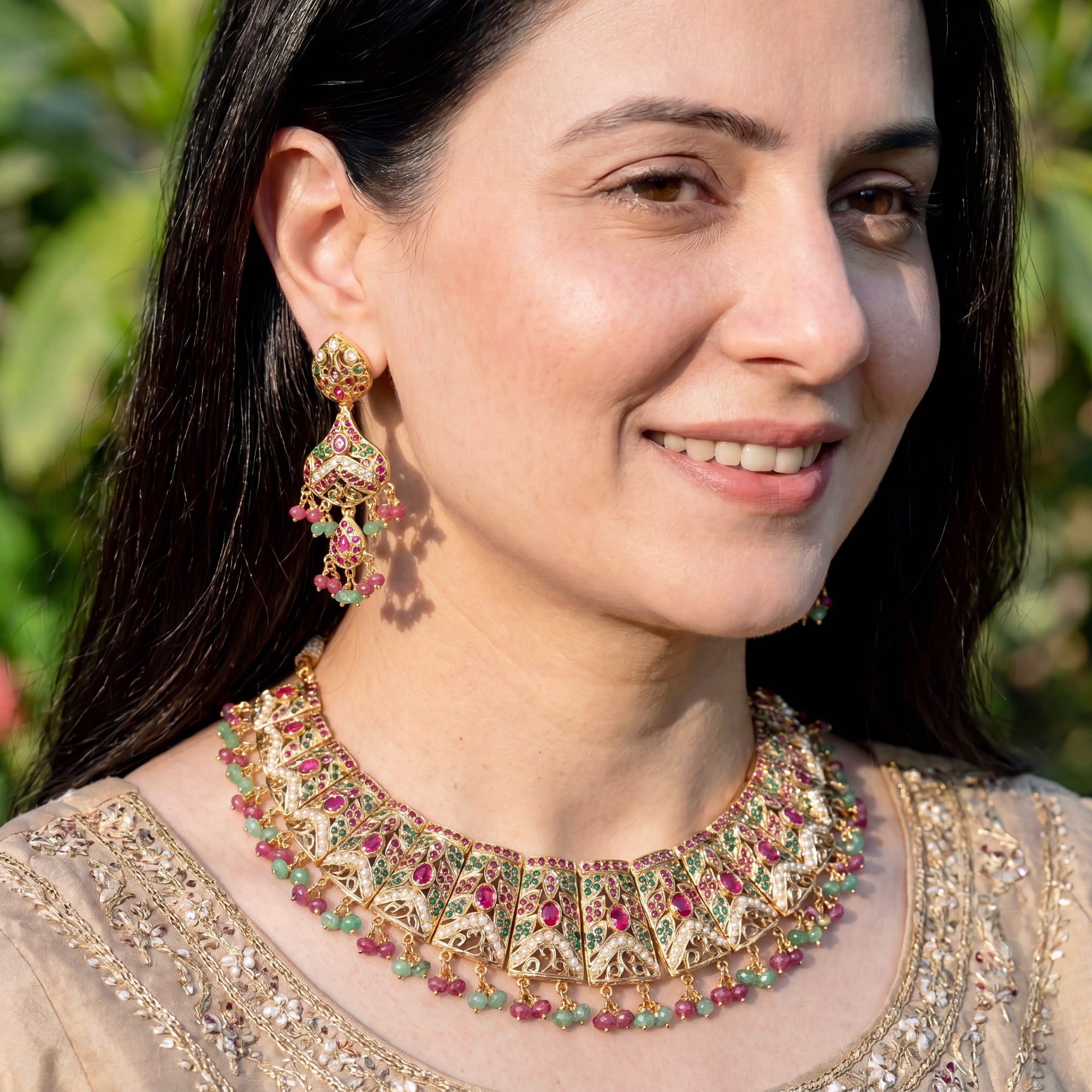 Gold Plated Jadau Guluband | Necklace Set on Silver with Gold Plating NS 054