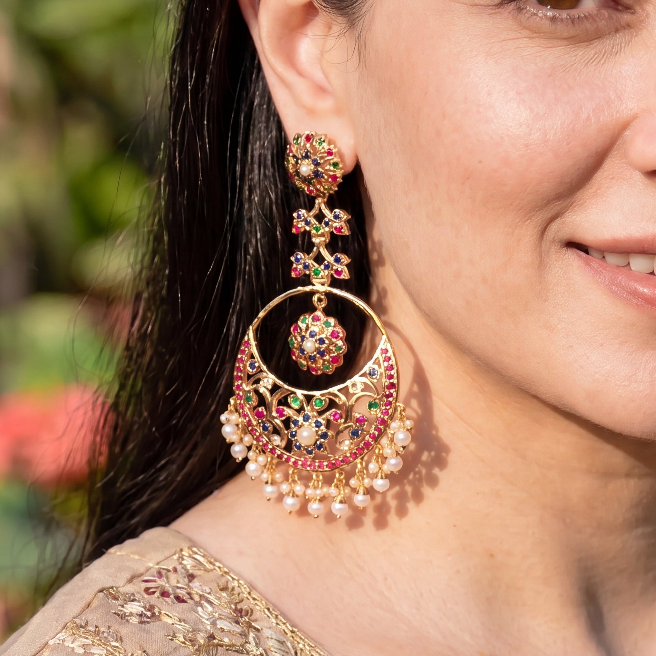Statement Multicolored Chandbali Earrings | Gold Plated Jadau Jewelry on Silver ER 696