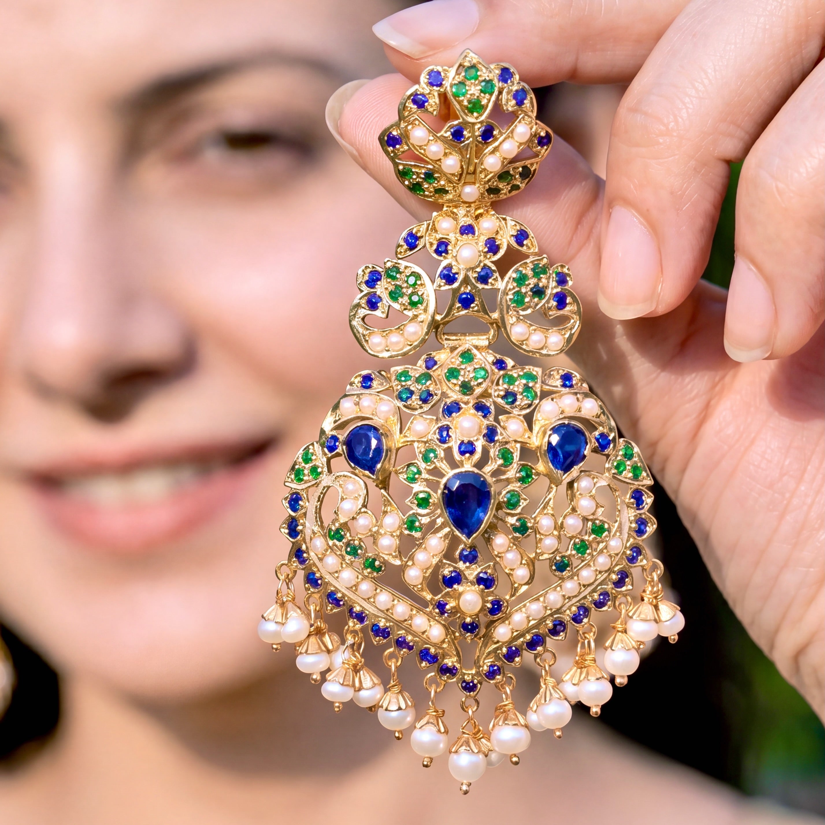 Royal Blue & Emerald Pearl Jadau Statement Earrings | Gold Plated on 925 Silver ER 701