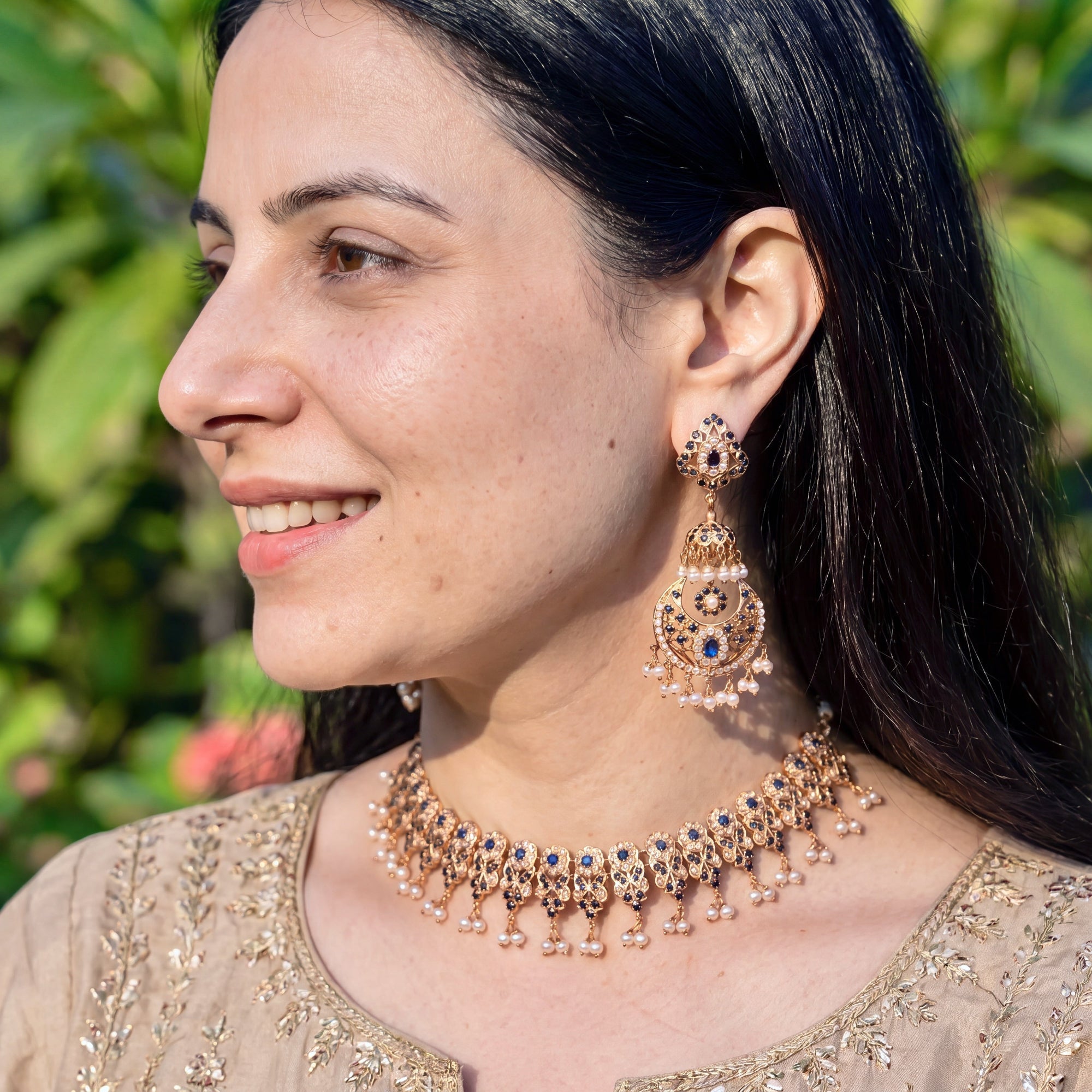 Sapphire-Blue Pearl Jadau Choker Set | Gold Plated on Sterling Silver Base NS 467