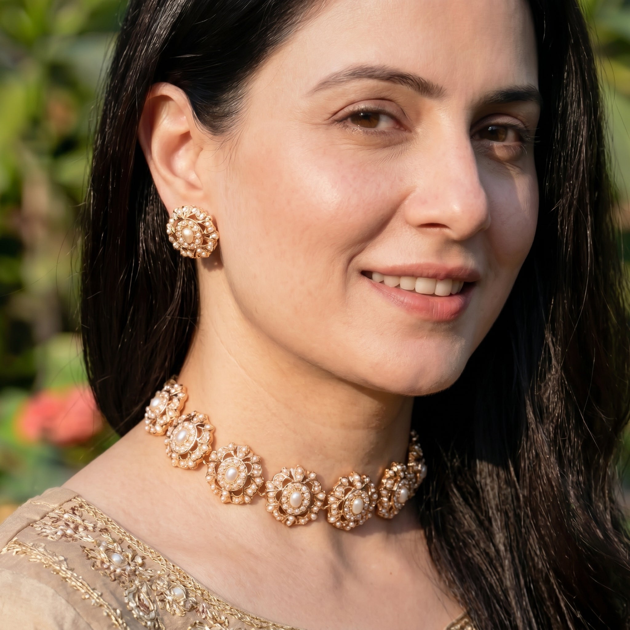 Pearl Rosette Jadau Choker Set | Gold Plated on 925 Silver NS 463