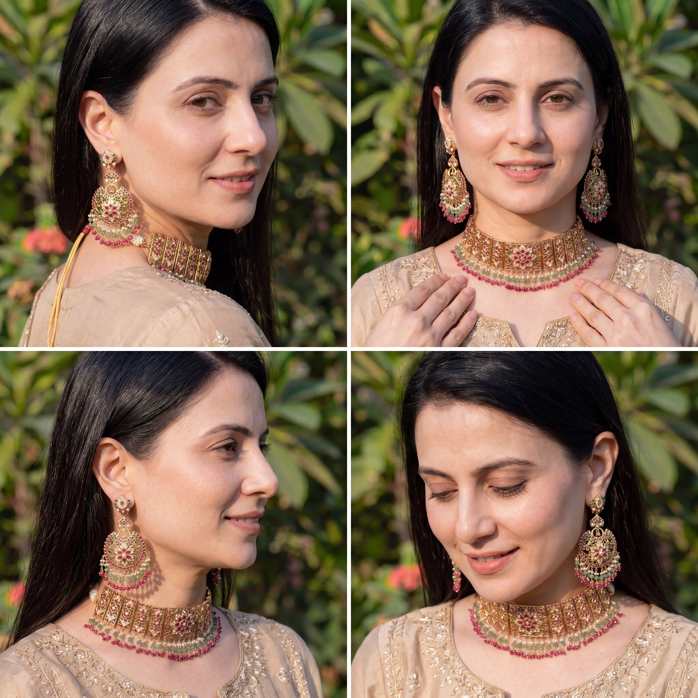 Product Title: Ruby Emerald Pearl Bridal Jadau Choker Set |Gold Plated on Silver NS 479