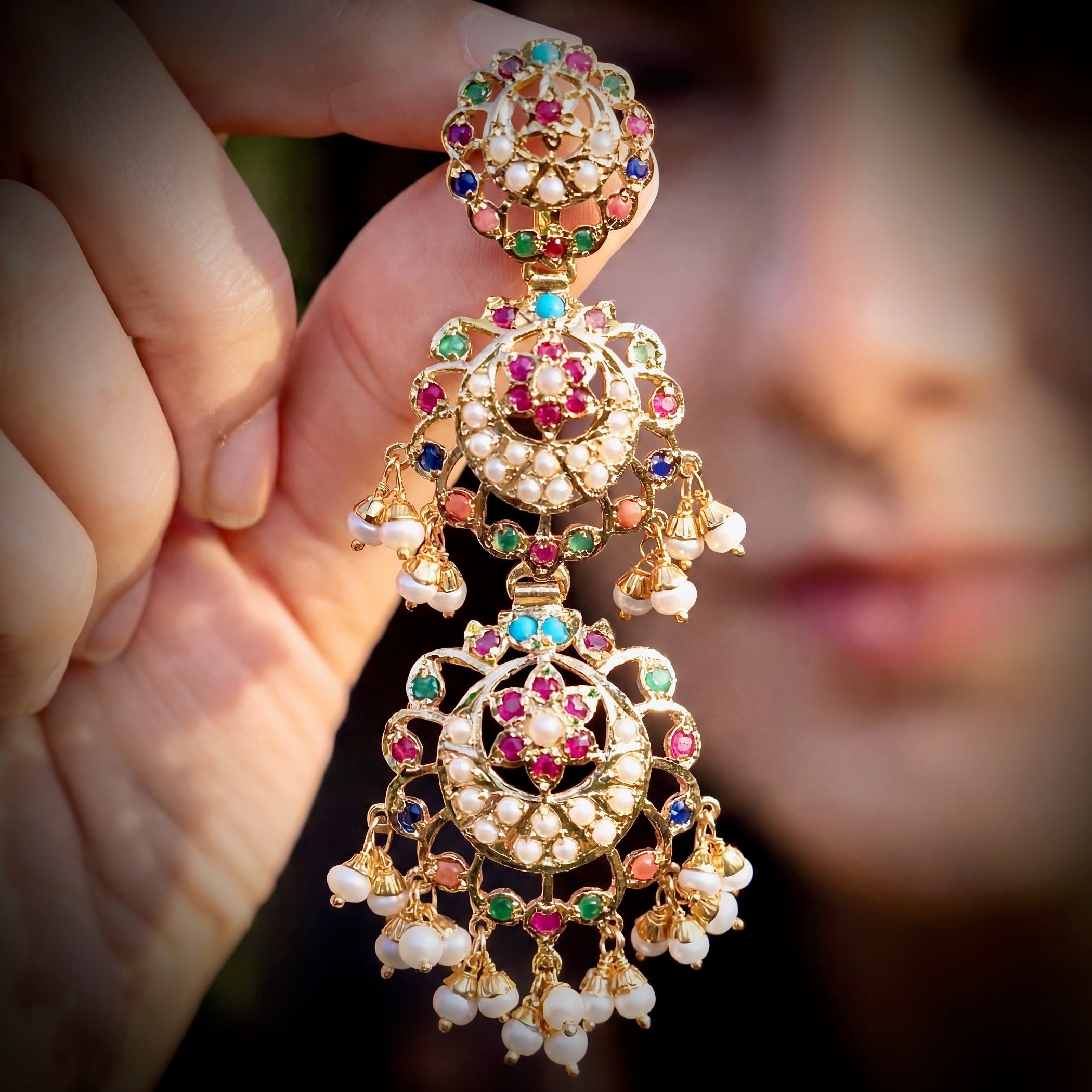 Navaratna Danglers | Gold Plated Long Indian Earrings for Girls ER 375