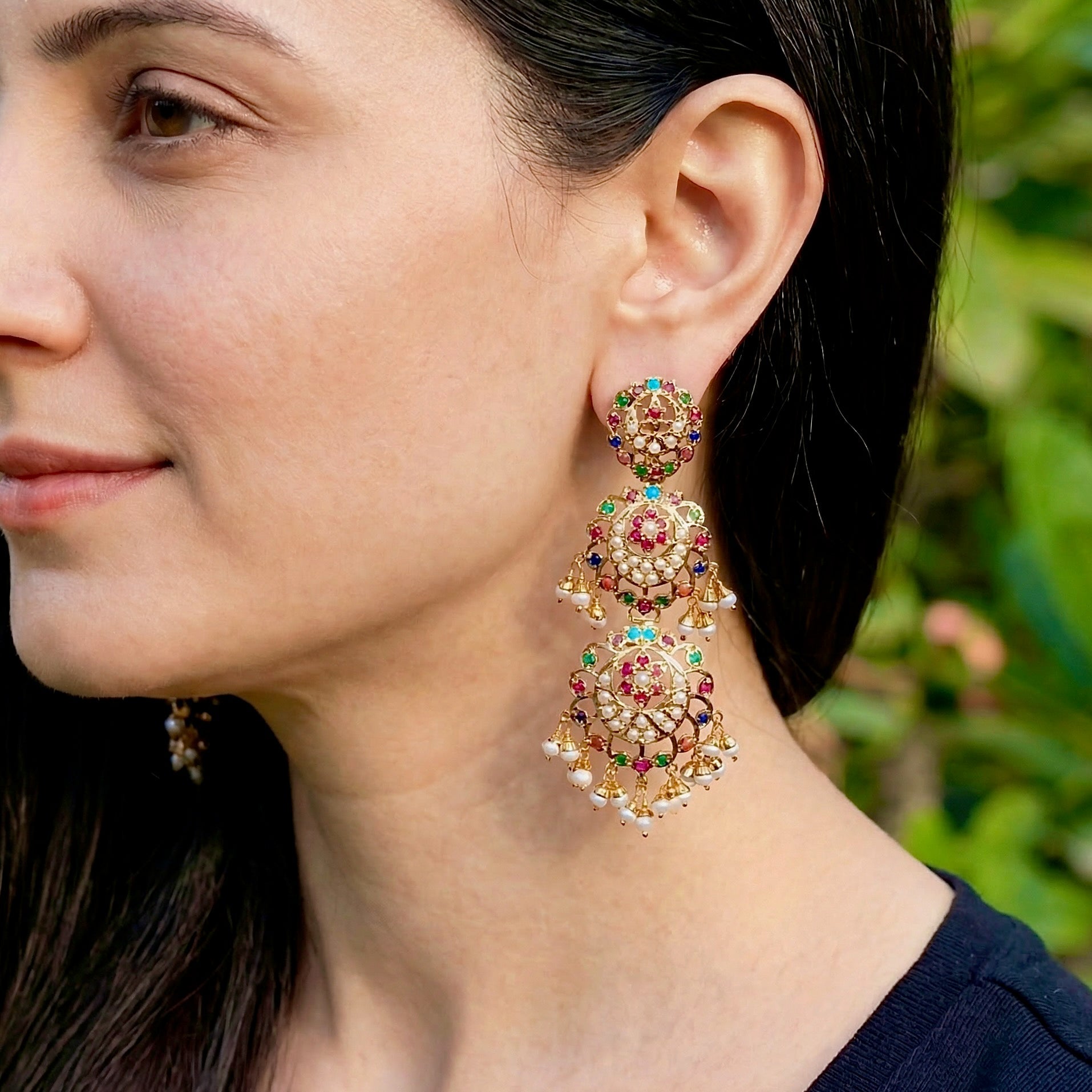 Navaratna Danglers | Gold Plated Long Indian Earrings for Girls ER 375