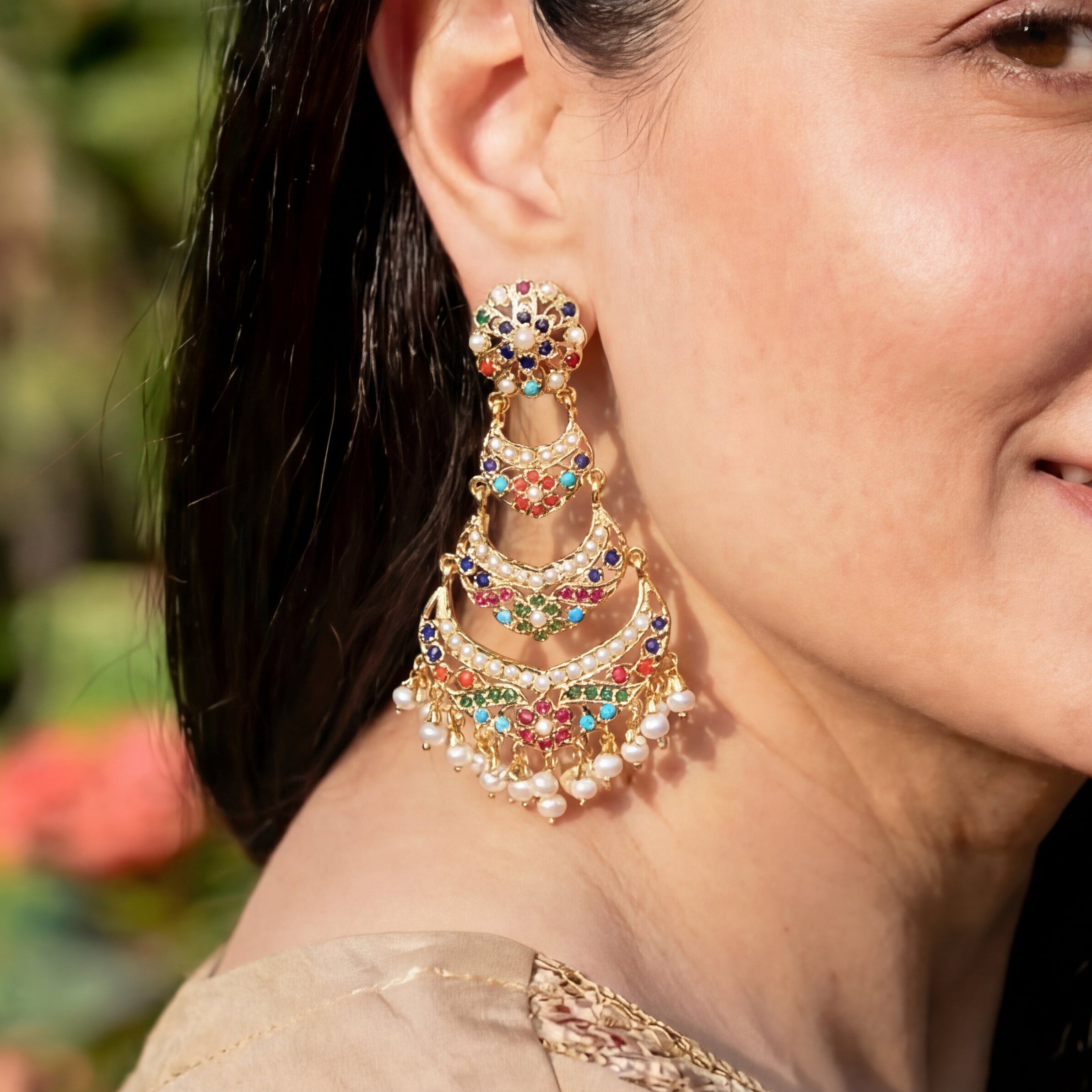 Long Navratna Earrings | Traditional Punjabi Jadau Jewelry on Silver ER 552