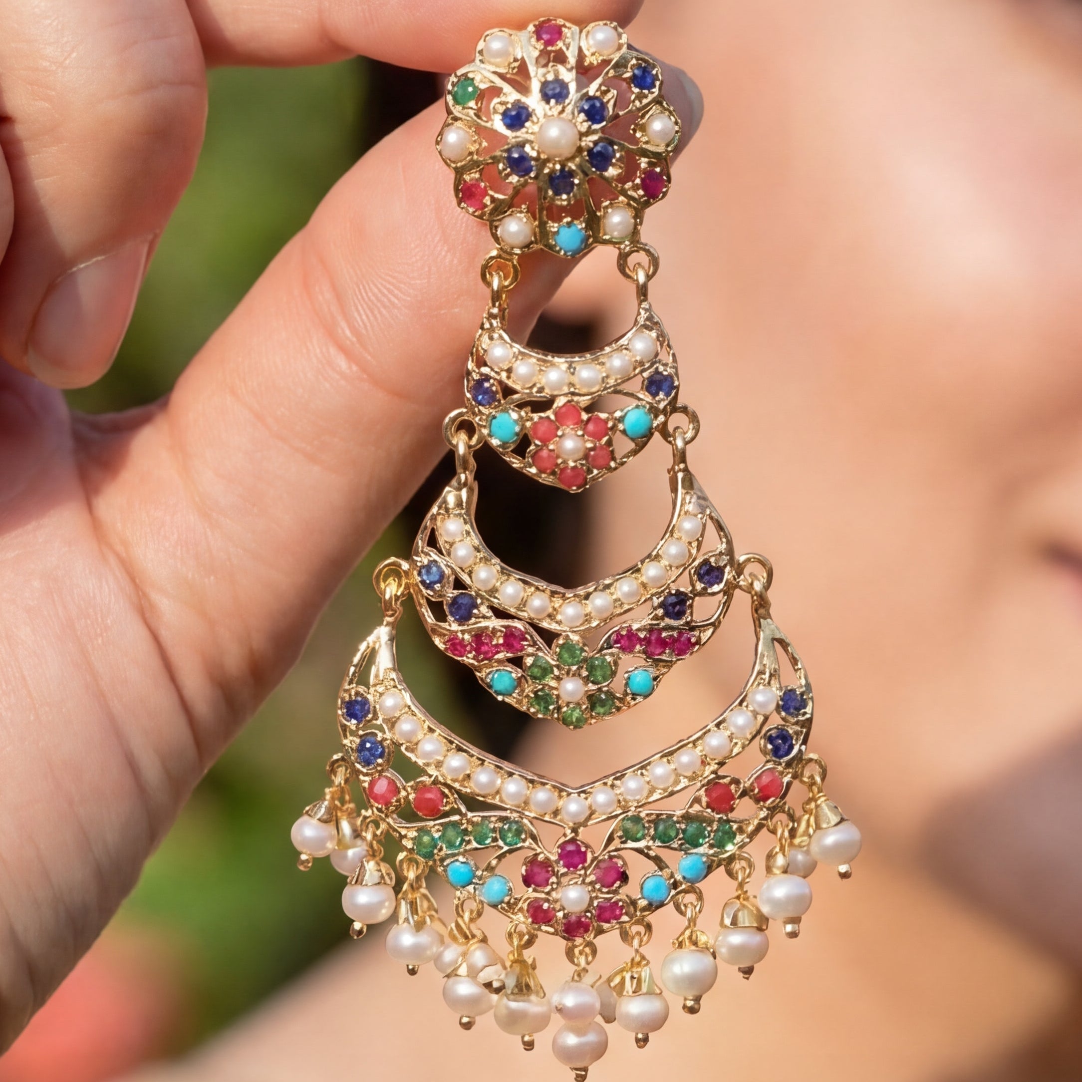 Long Navratna Earrings | Traditional Punjabi Jadau Jewelry on Silver ER 552