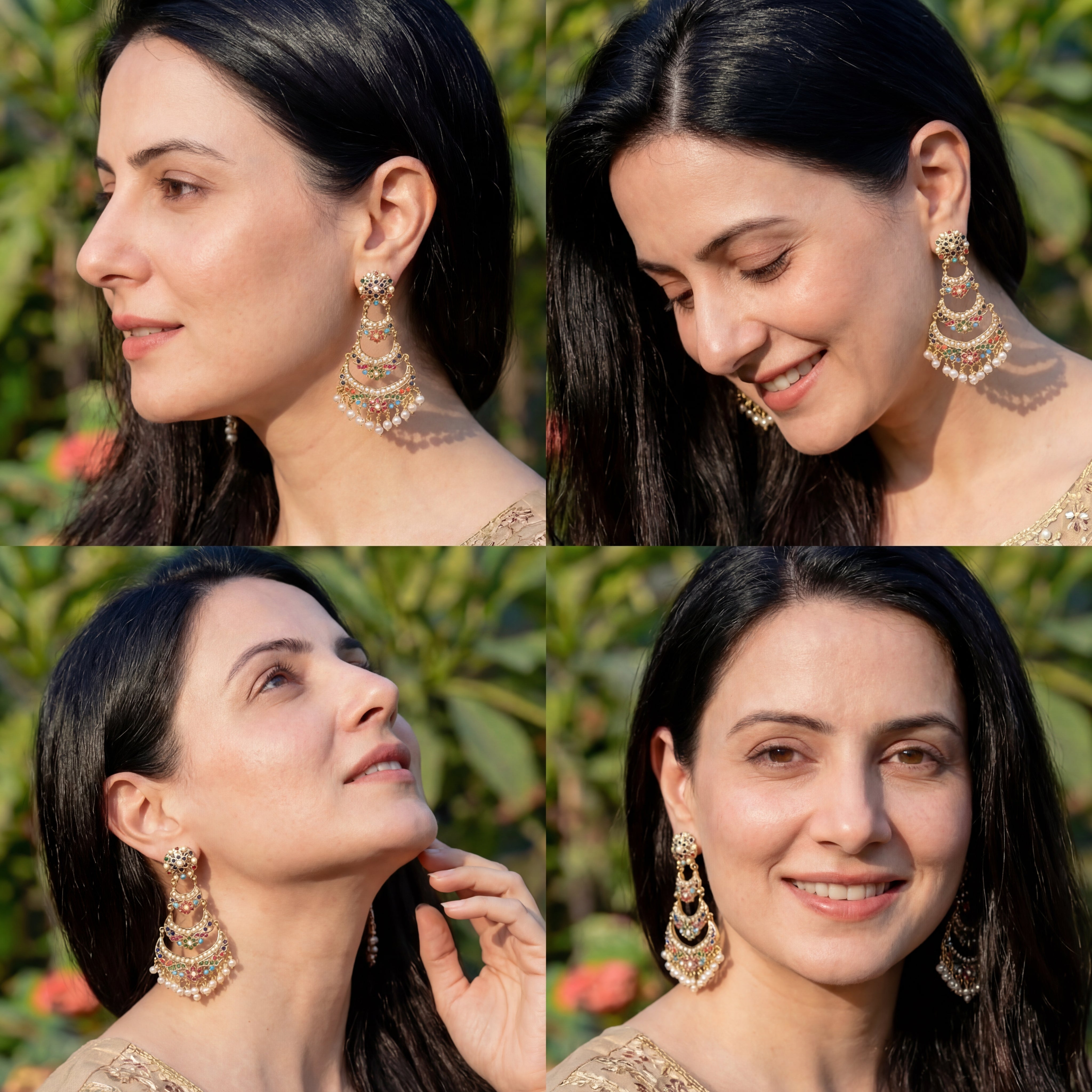 Long Navratna Earrings | Traditional Punjabi Jadau Jewelry on Silver ER 552