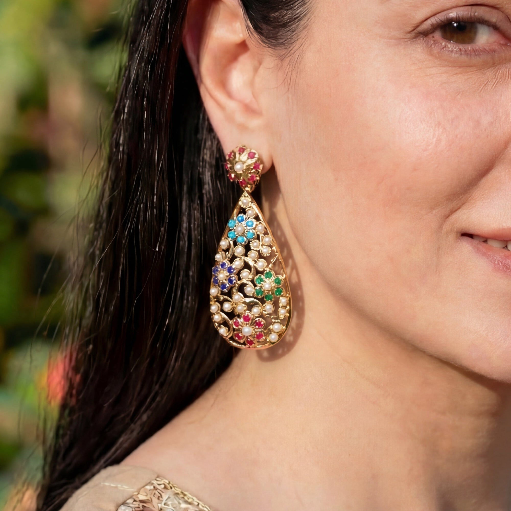 Gold Plated Navaratna Earrings | Indian Western Design For Women & Girls | Long Dainty Modern Earrings ER 200