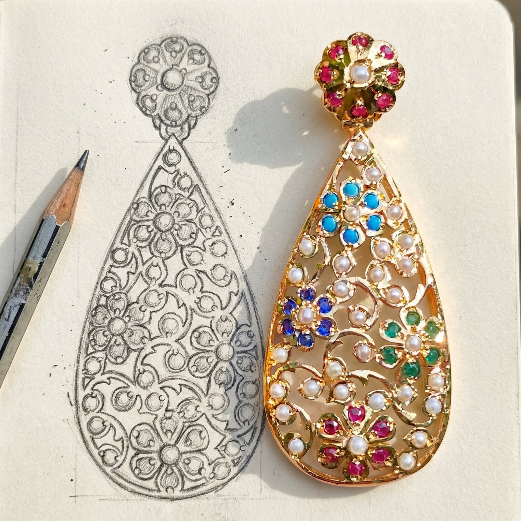 Gold Plated Navaratna Earrings | Indian Western Design For Women & Girls | Long Dainty Modern Earrings ER 200