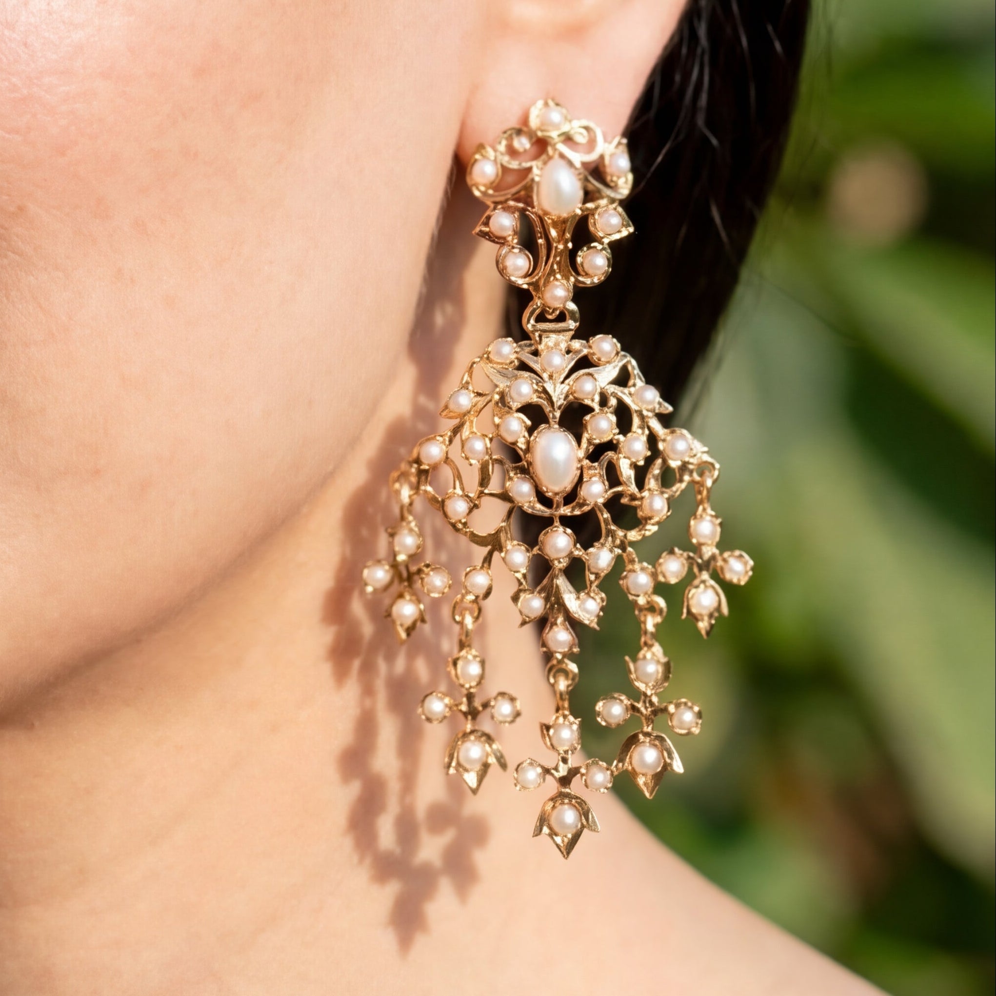 Victorian Design Pearl Earrings | Gold Plated Danglers for Women ER 476