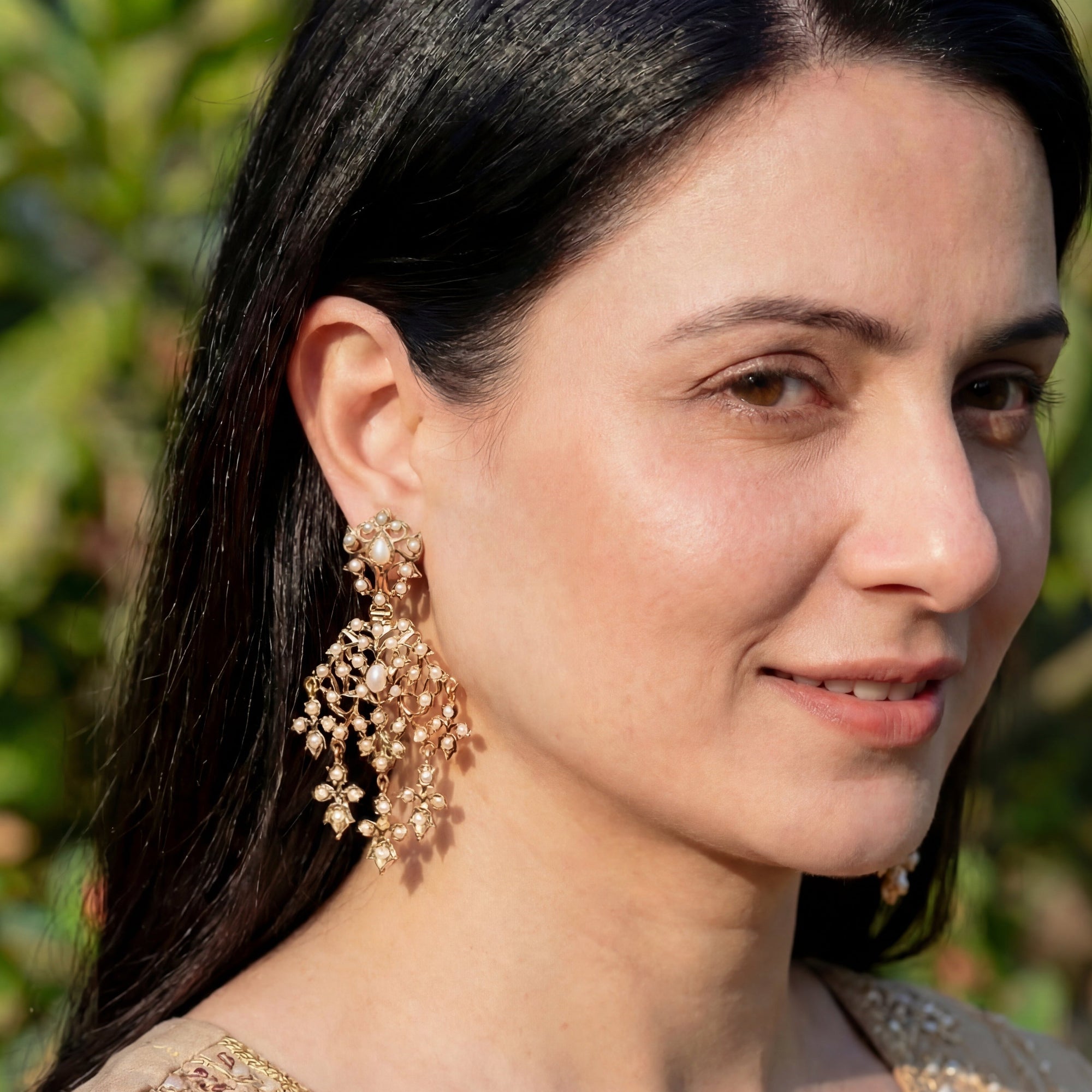 Victorian Design Pearl Earrings | Gold Plated Danglers for Women ER 476