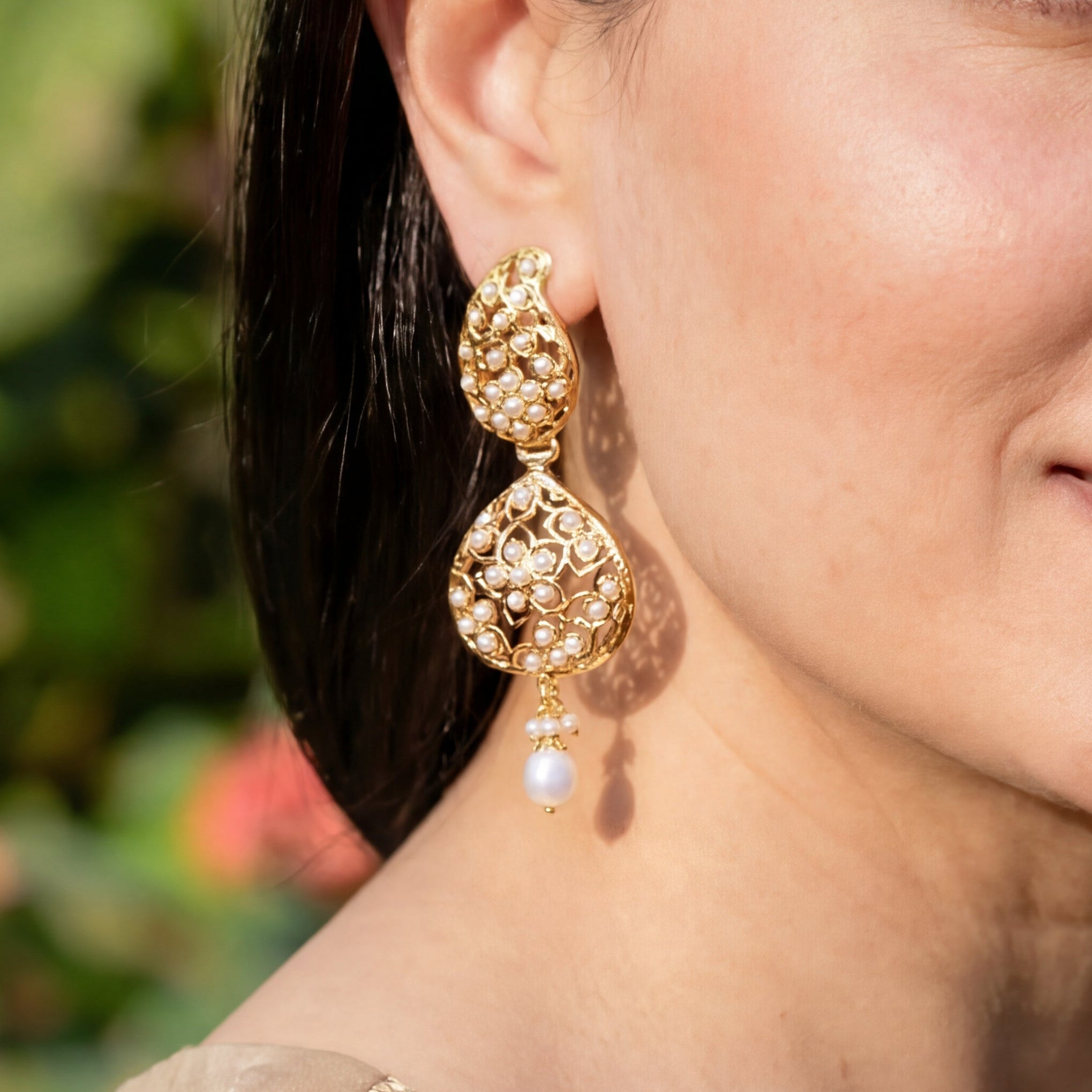 Dainty Floral Pearl Earrings | Indo-Western Design | Gold Plated Pearl Jewellery Online ER 379