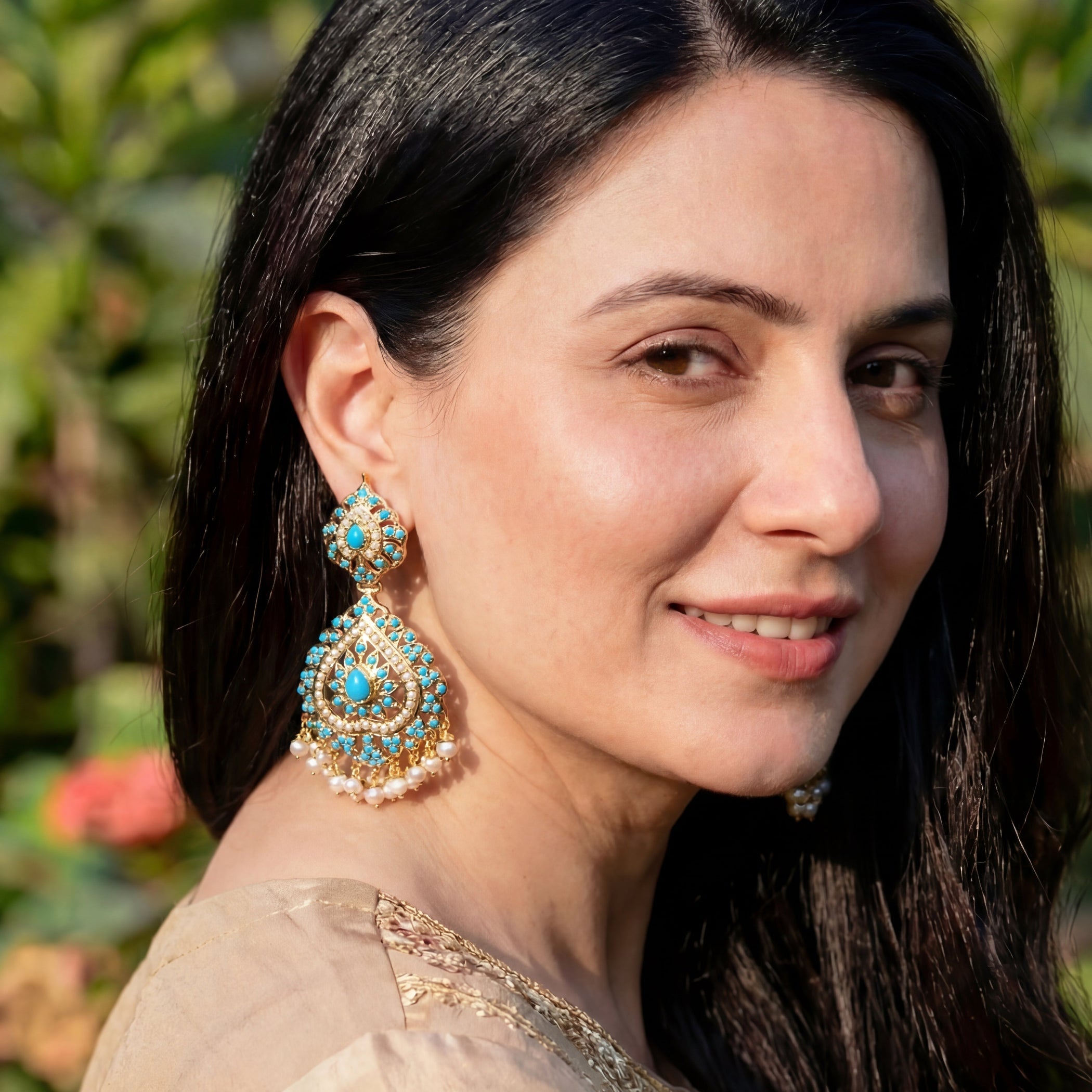 Pearl Pheroza Earrings on 925 Silver Base Metal | Indian Turquoise Jewelry ER 041