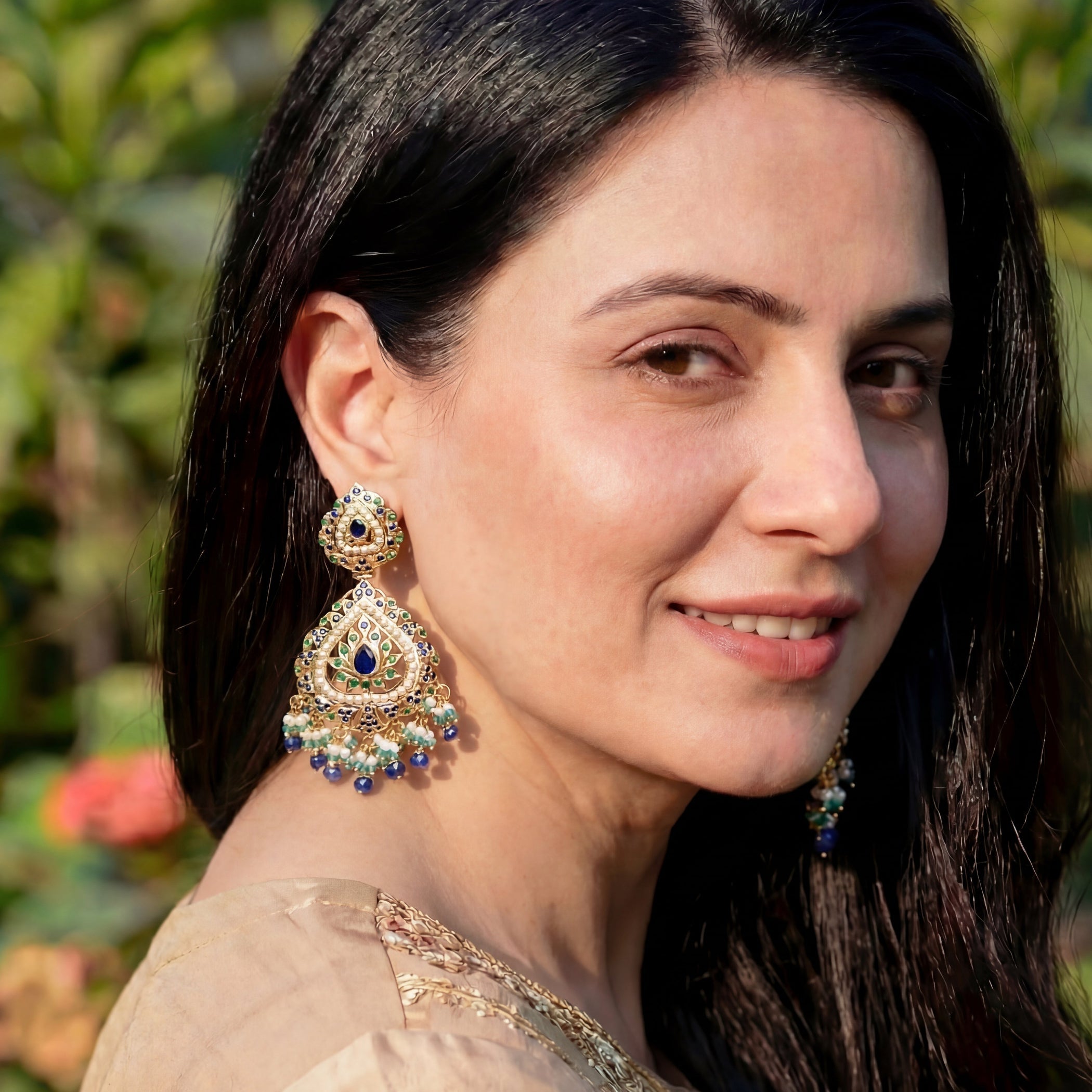 Gold Plated Emerald Pearl Sapphire Earrings in 925 Silver ER 164