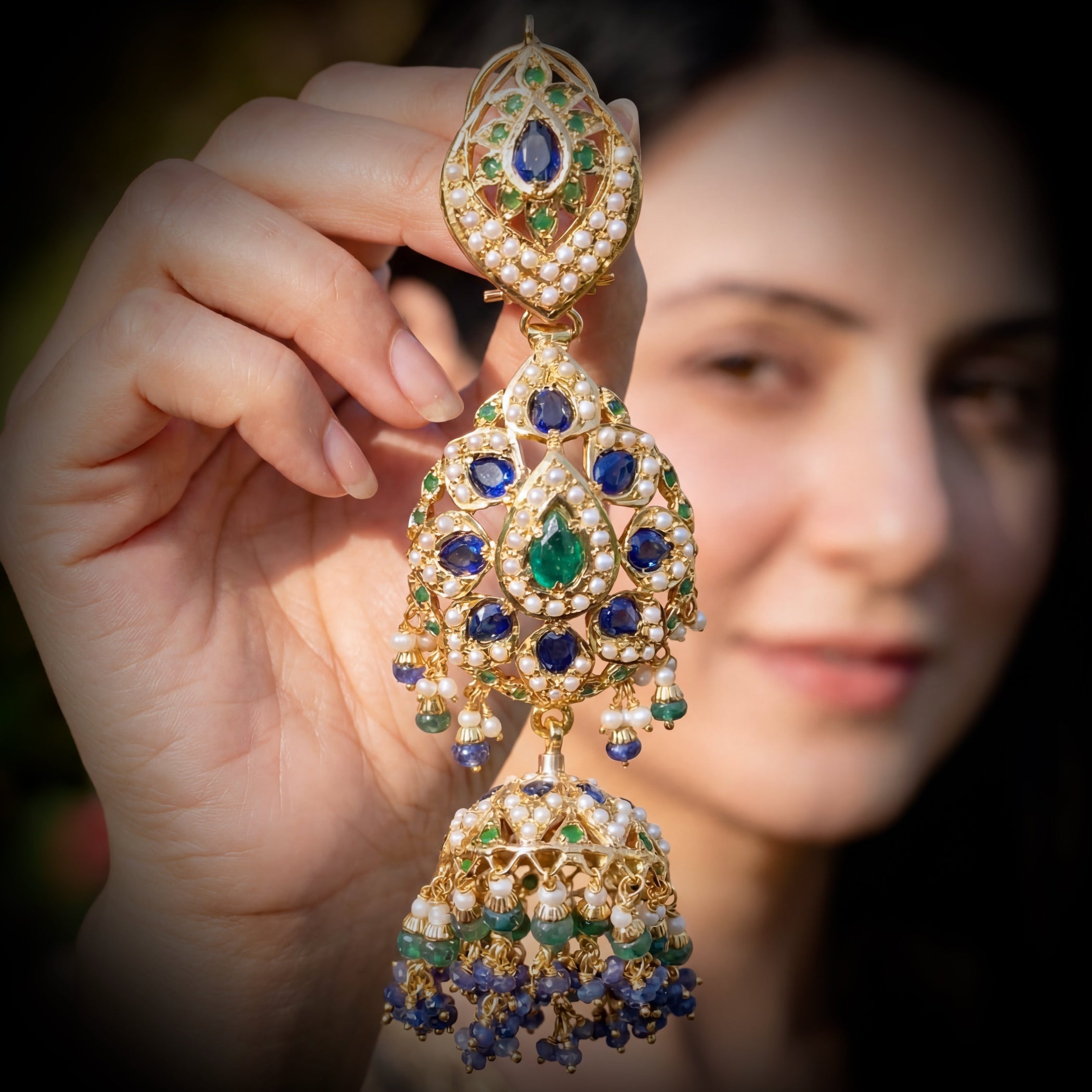 Bridal Wear Jhumka Earrings | Emerald Sapphire Combination | Gold Plated ER 335