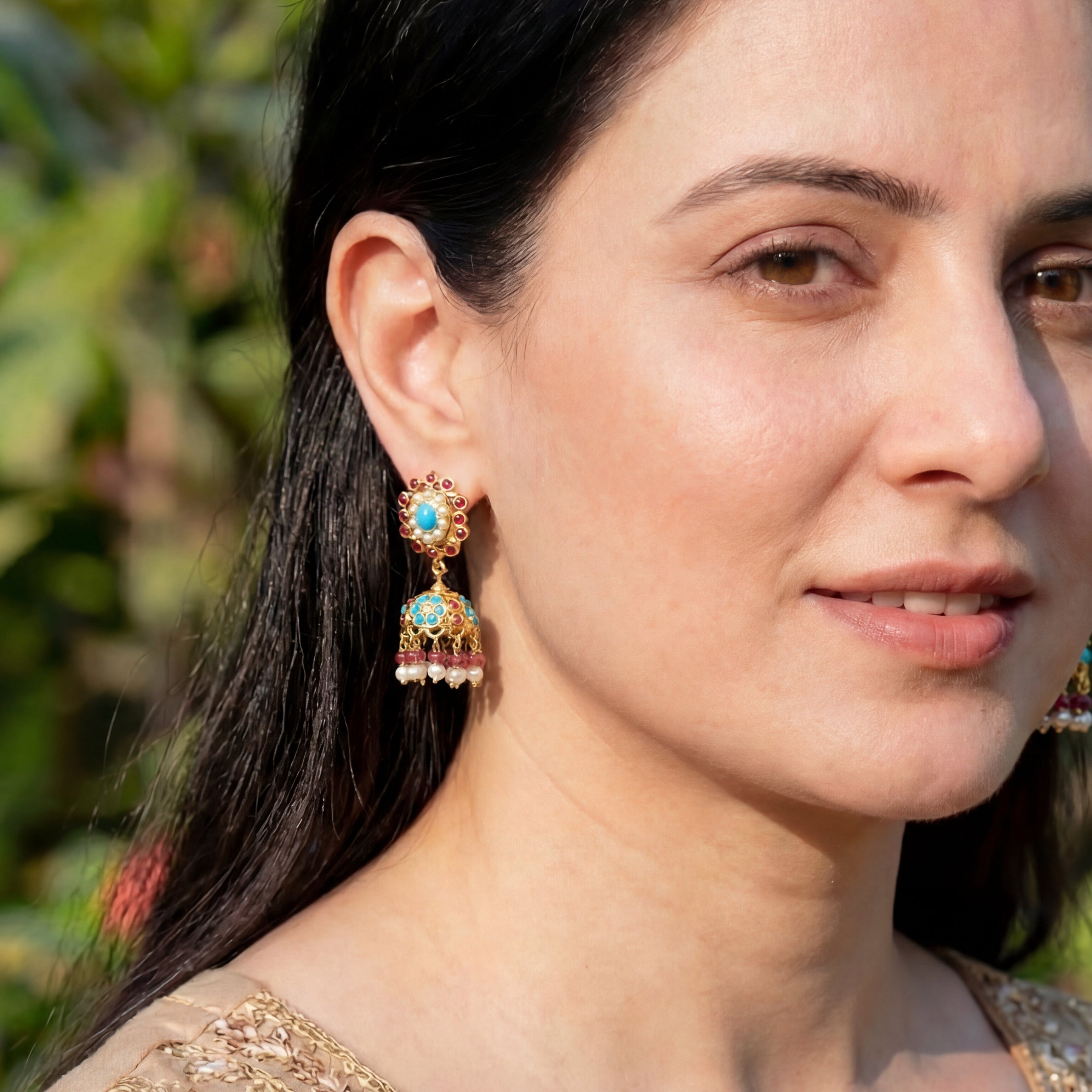 Ruby Feroza Jhumka | Dainty Gold Plated Turquoise Jhumka | Indian Jewellery Online ER 387