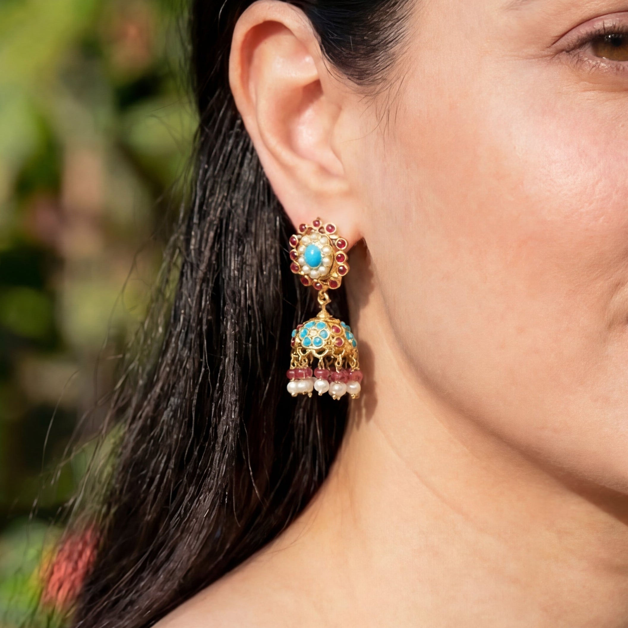Ruby Feroza Jhumka | Dainty Gold Plated Turquoise Jhumka | Indian Jewellery Online ER 387