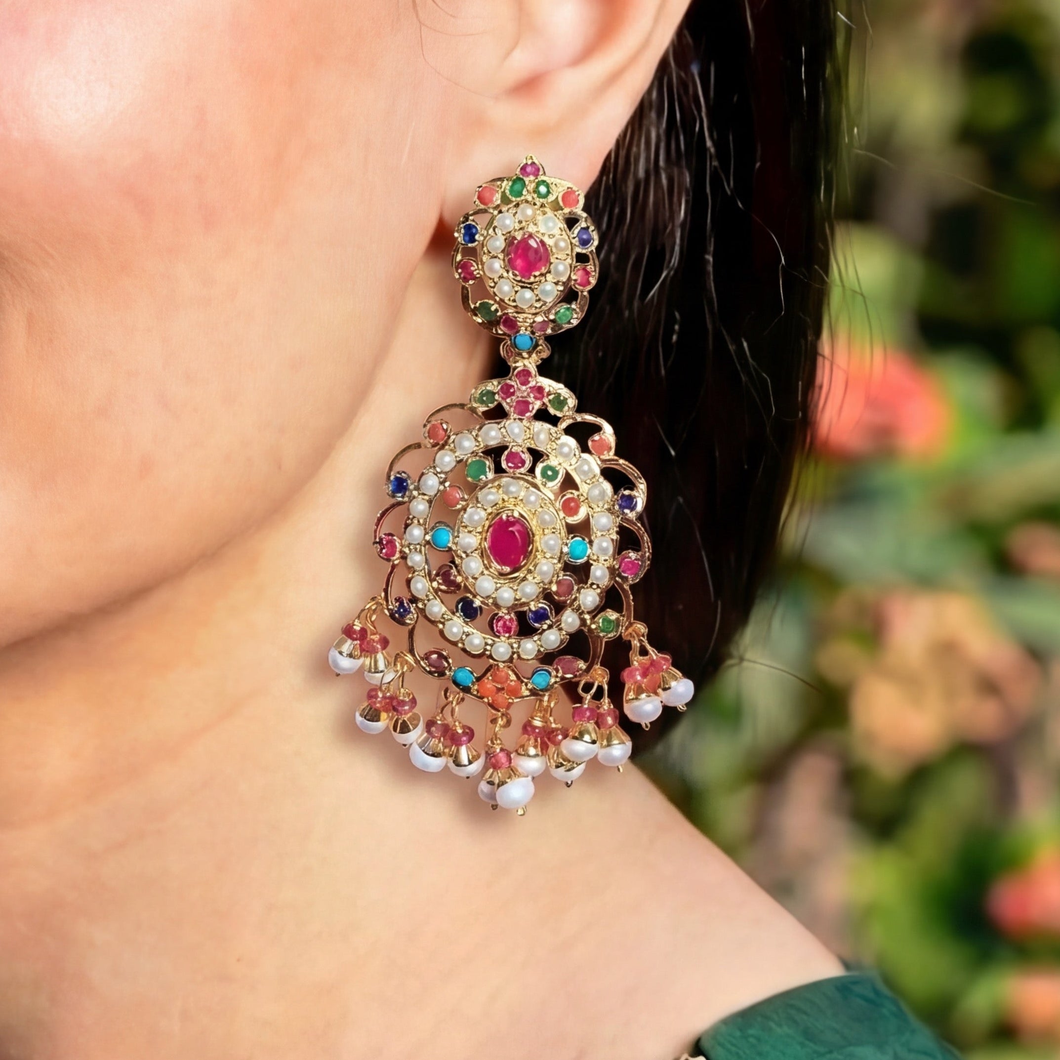 Statement Navaratna Long Earrings For Women | Fine 925 Silver Indian Jewellery ER 444