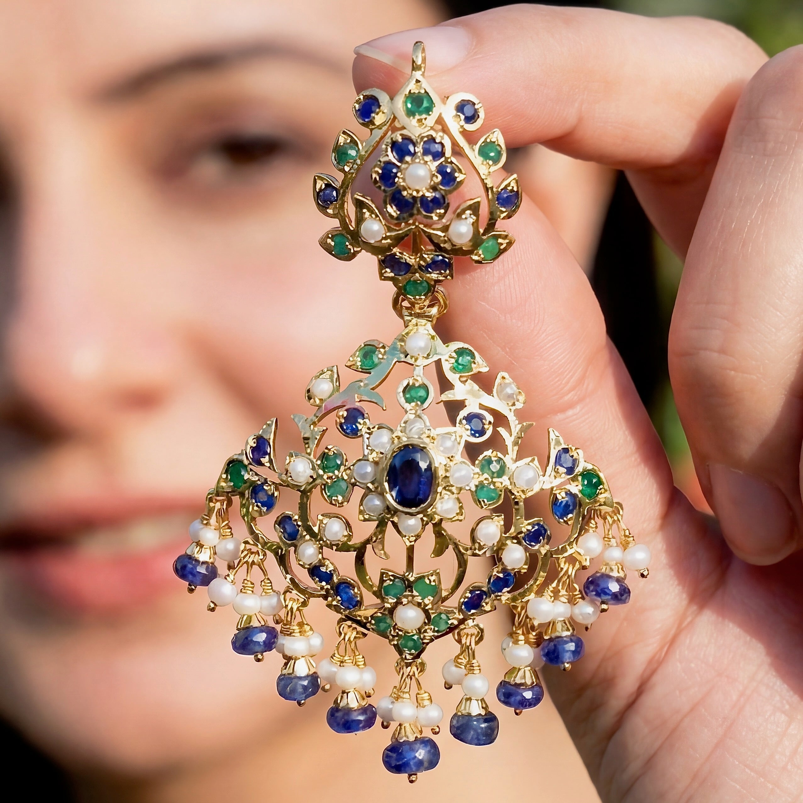 Gold Plated Pearl Emerald Sapphire Earrings on Silver ER 157