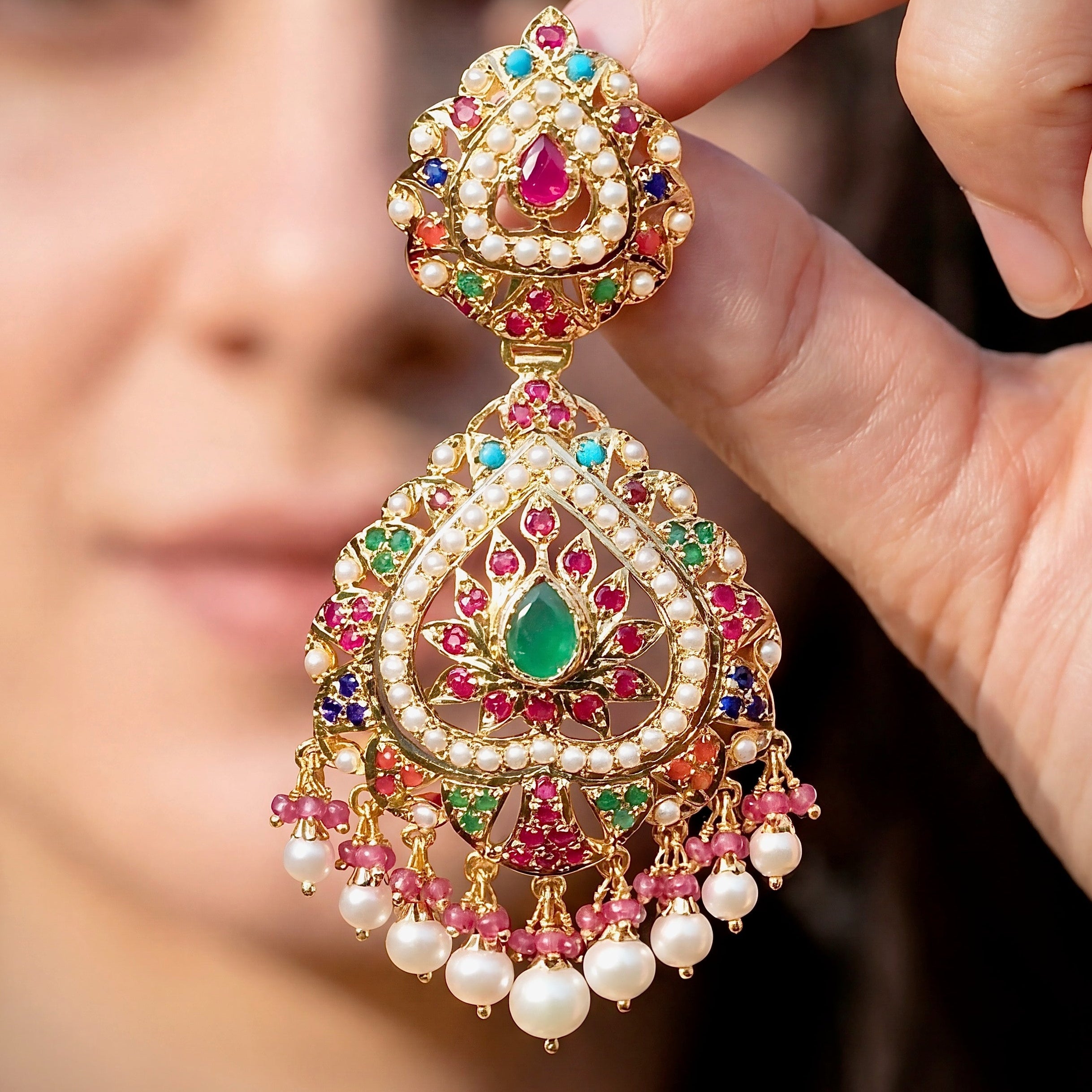 Gold Plated Navaratna Earrings | Statement Indian Earrings ER 229