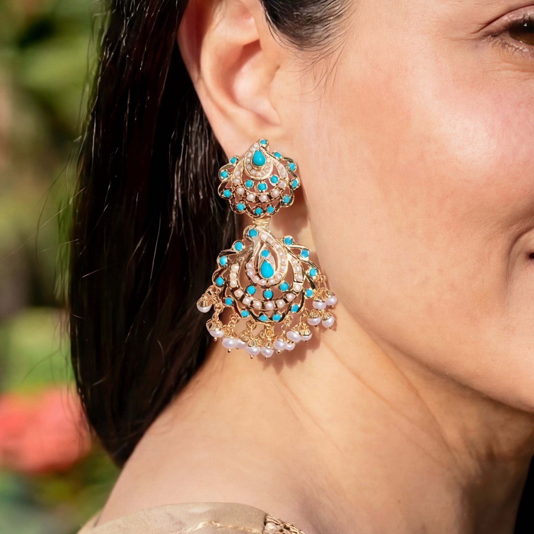 Pearl Turquoise Earrings on Silver | Exquisite Handmade Indian Jewelry ER 253