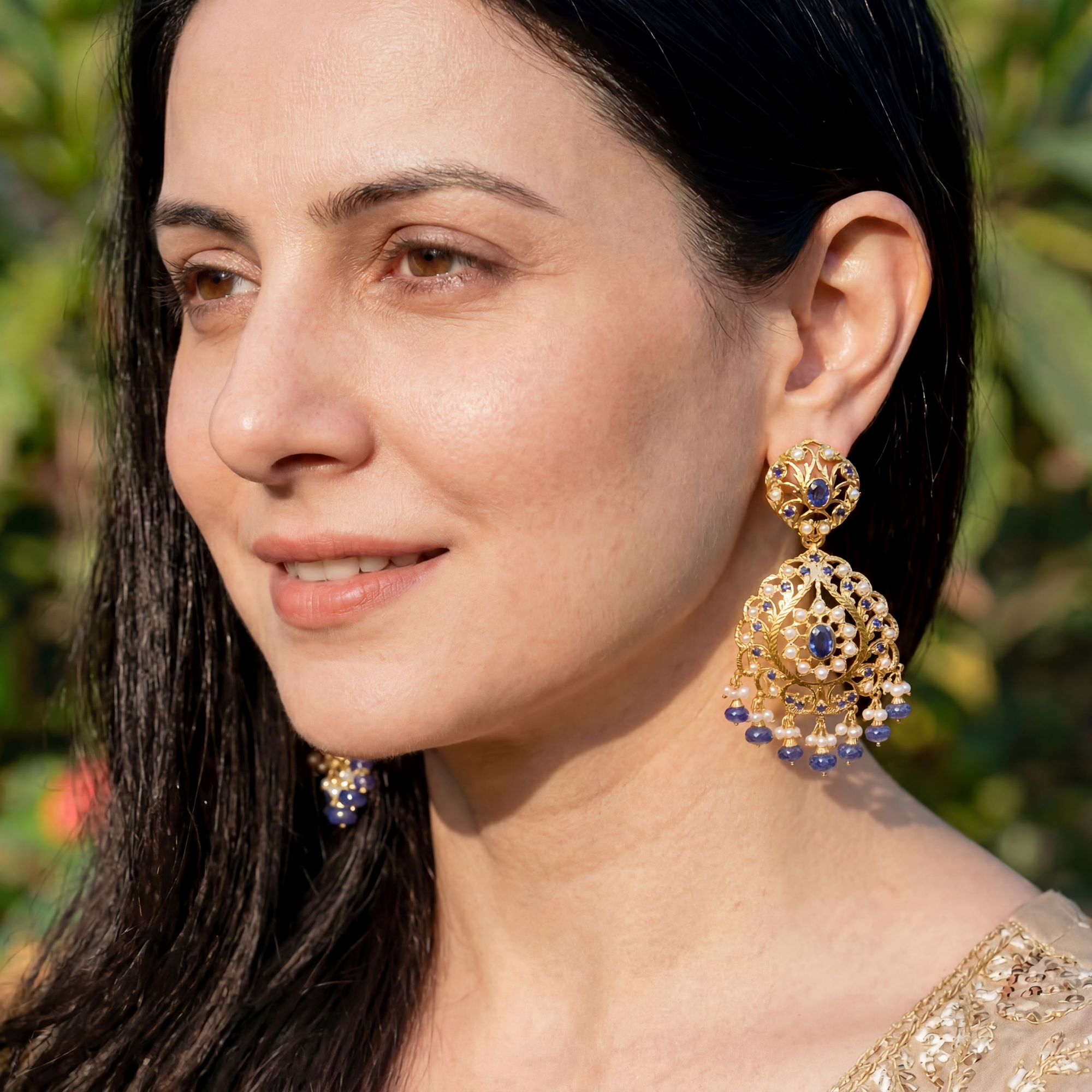 Gold Plated Earrings in 925 Silver Studded with Pearls & Blue Stones ER 224
