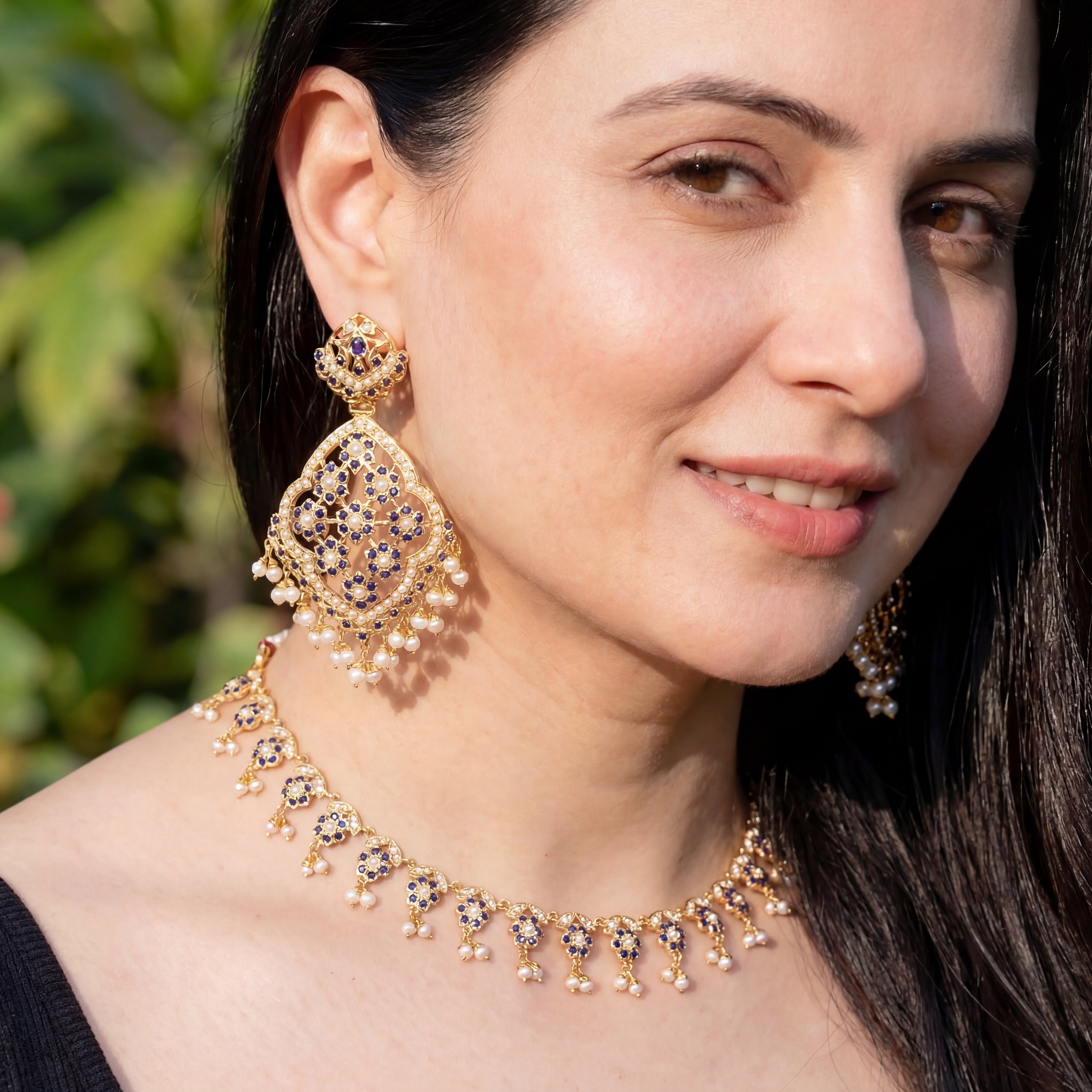Dainty Neelam Necklace | Statement Floral Earrings | Indian Jewelry For Women NS 294