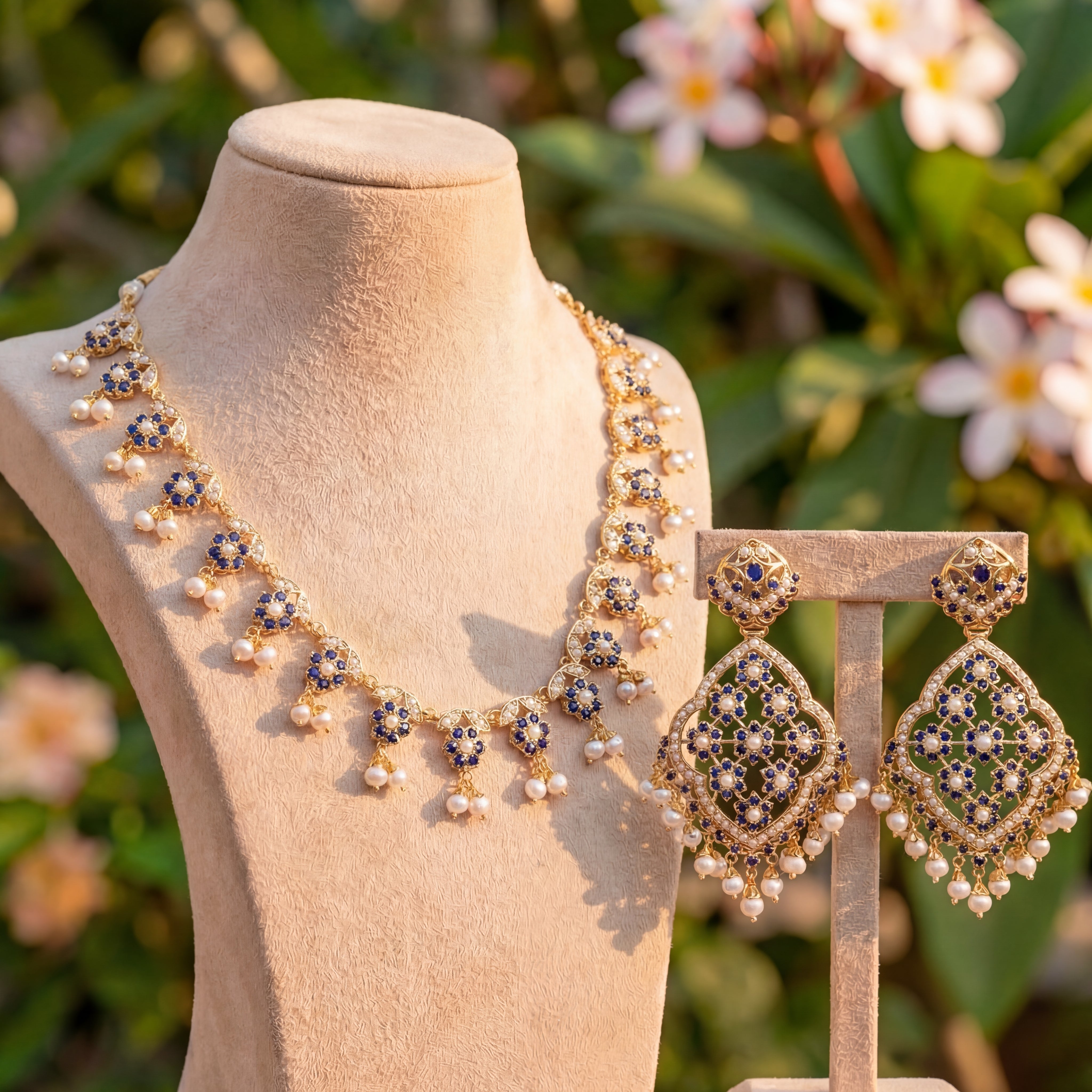 Dainty Neelam Necklace | Statement Floral Earrings | Indian Jewelry For Women NS 294