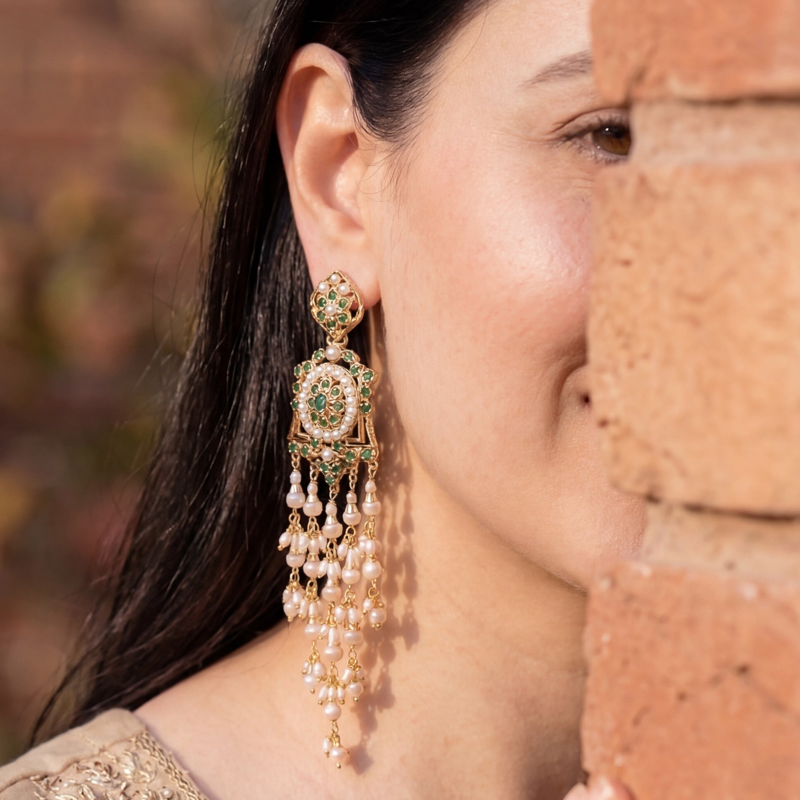 Long Flowing Jadau Earrings | Intricated Crafted Indian Jewelry | 925 Silver Gold Plated ER 657