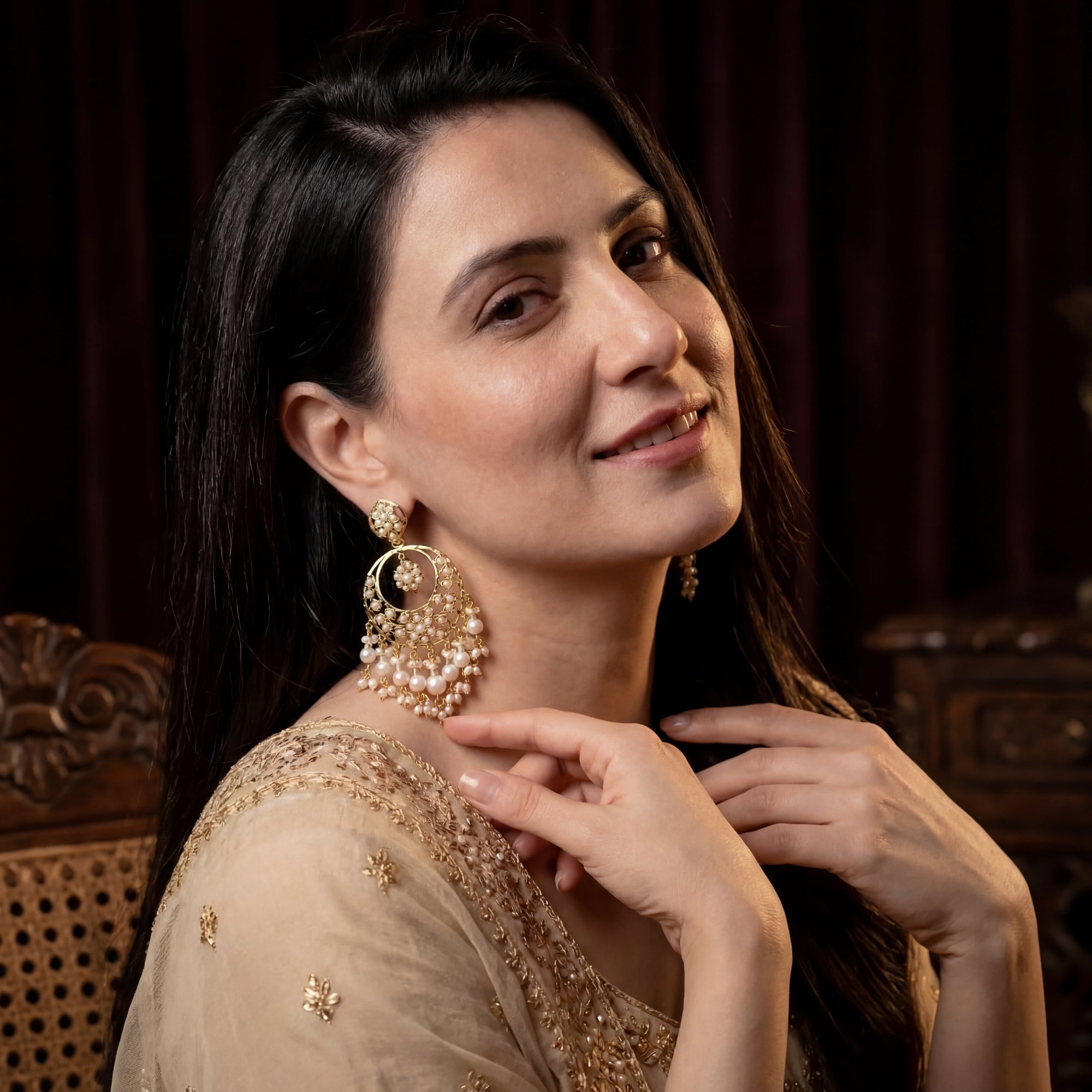 Exquisite Gold Plated Jadau Chandbali Earrings | Freshwater Pearls ER 490