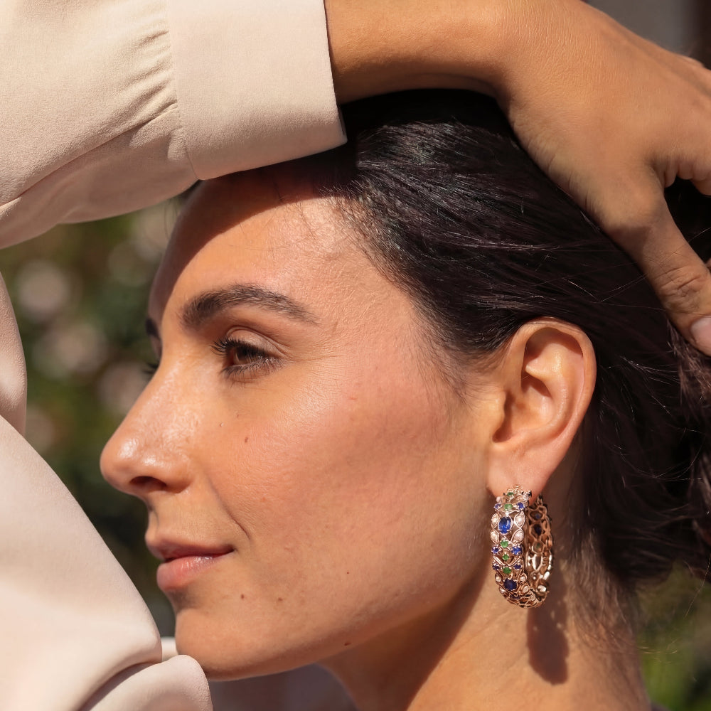 Jadau Hoop Earrings | Handcrafted Bali Earrings | Emerald Sapphire Hoops | ER 479