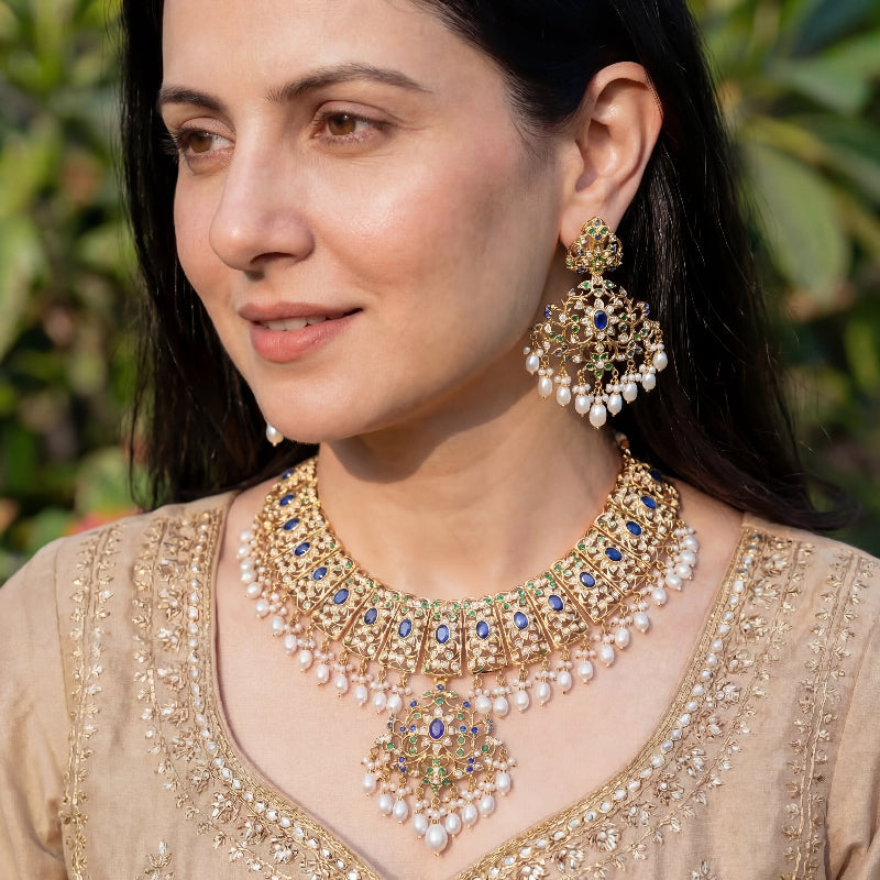 Antique Silver Necklace Set Gold Plated | Stone & Pearl Studded | Bridal Wear NS 079