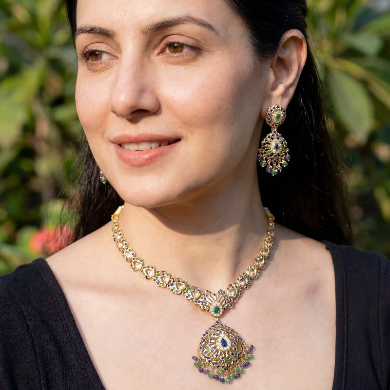 Gold Plated Necklace Set | 925 Silver Jadau Jewellery with Gold Plating NS 116