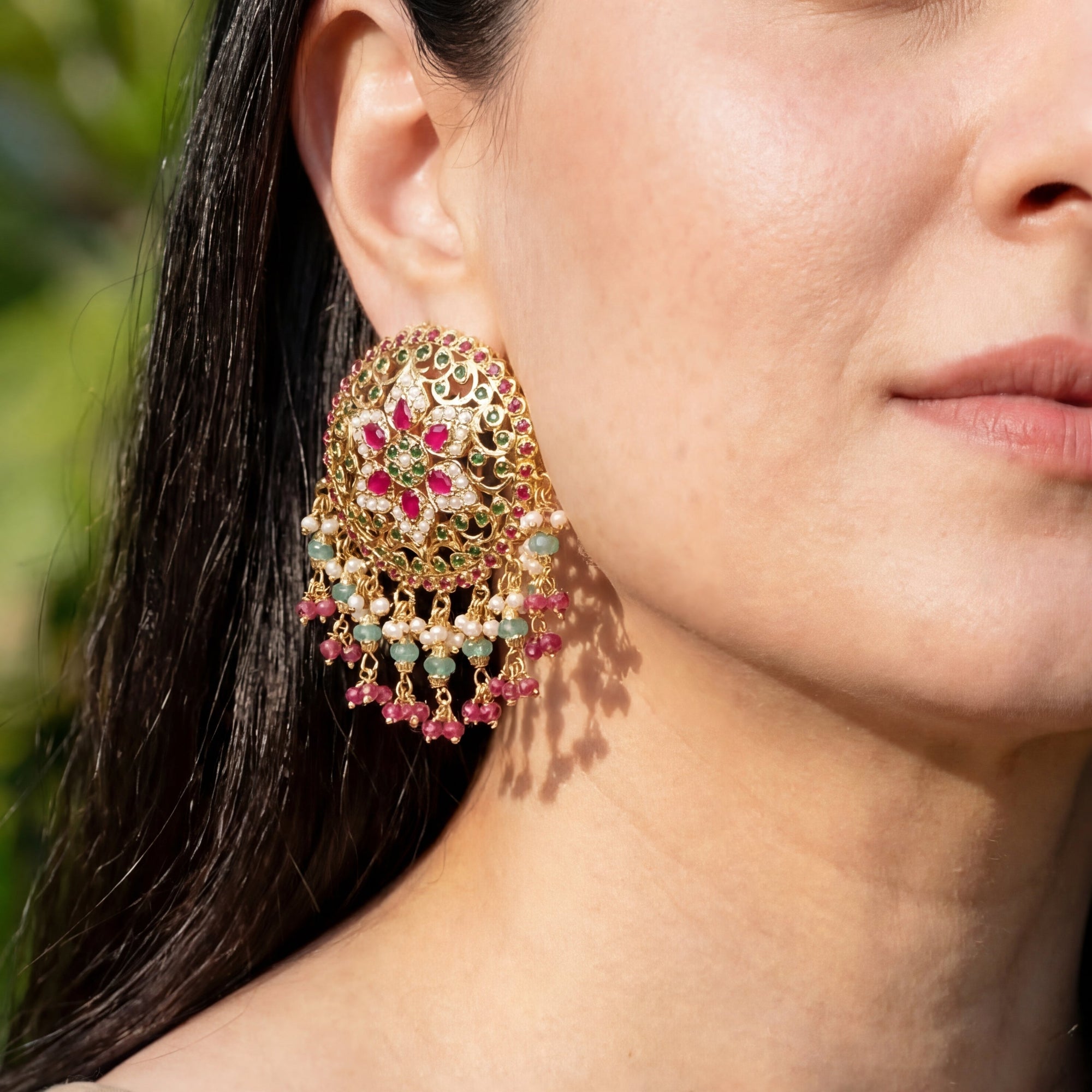 Statement Jadau Stud Earrings on Silver | Bridal Round Tops ER 384