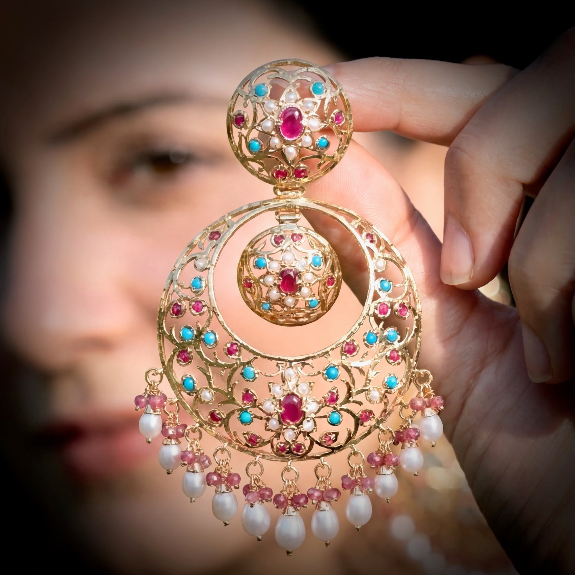 Big Chandbali Earrings | Multicolored Indian Earrings on Sterling Silver with Gold Plating ER 337